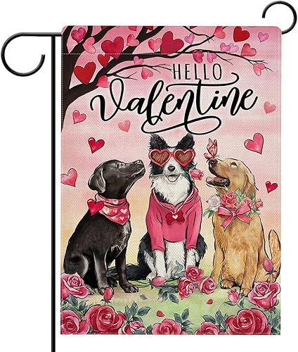 Hzppyz Bandera de jardín con texto en inglés Hello Valentine's Day Golden Retriever Dog Garden Flag de doble cara, rosa, rojo, árbol del amor, rosa,