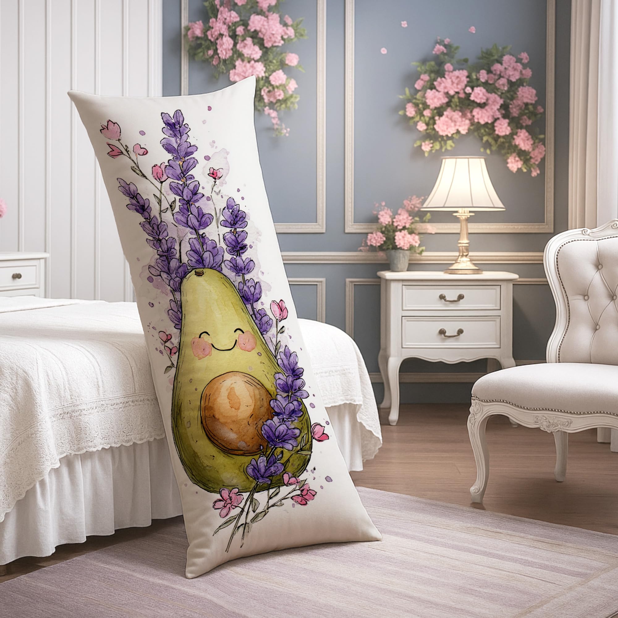 Avocado Floral Body Pillow Covers, Cute Cartoon Avocado Soft Velvet Long Lumbar Pillow Cover with Zipper,20x54 Decorative Pillows Case for Bed Couch 20x54 Inch