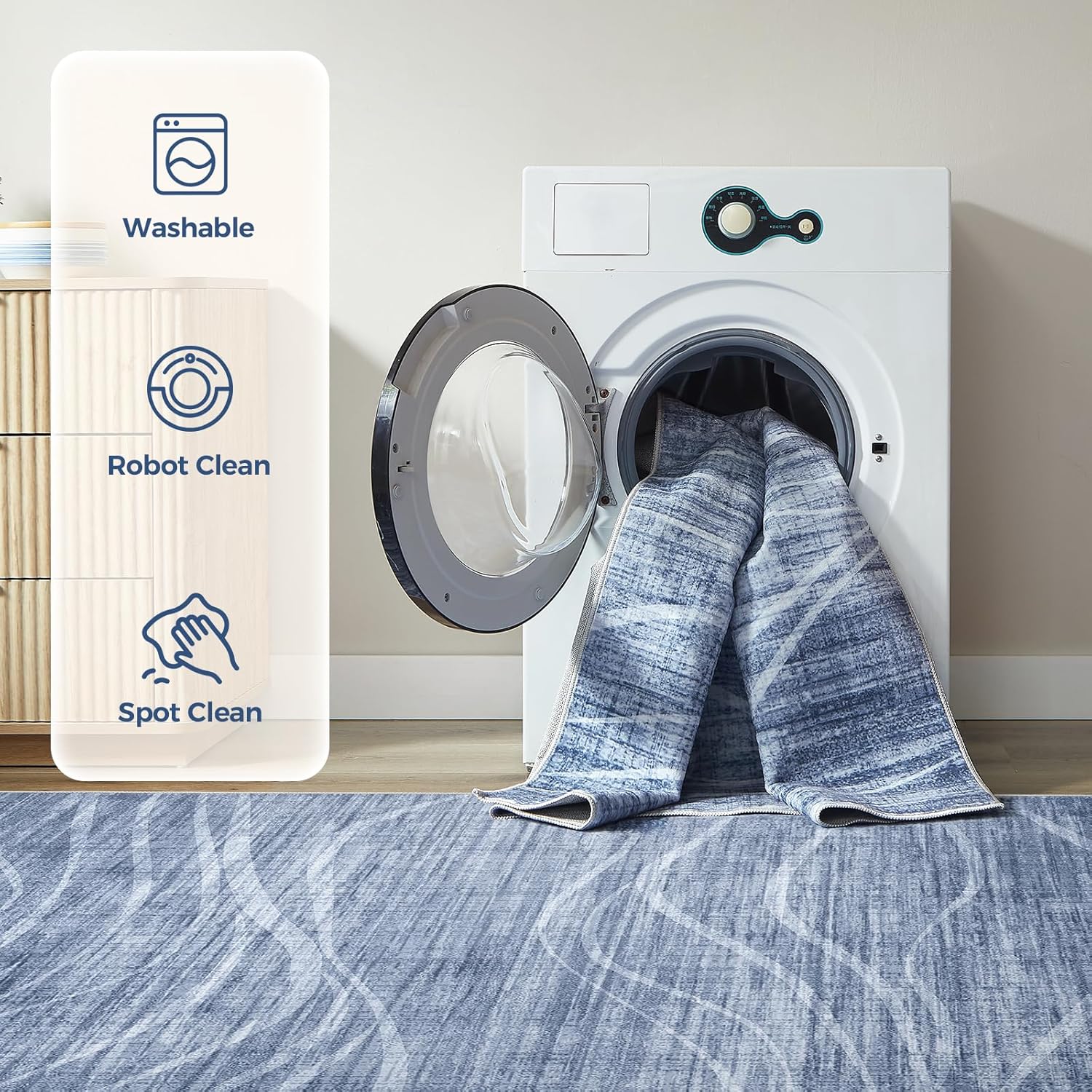 WITSHOCK 5x7 Area Rug for Living Room, Washable Rugs for Bedroom Kitchen Nursery Dining Room Office, Modern Wave Striped Rugs, Soft Thin Carpet Non Slip Low Pile for Home Decor, Blue