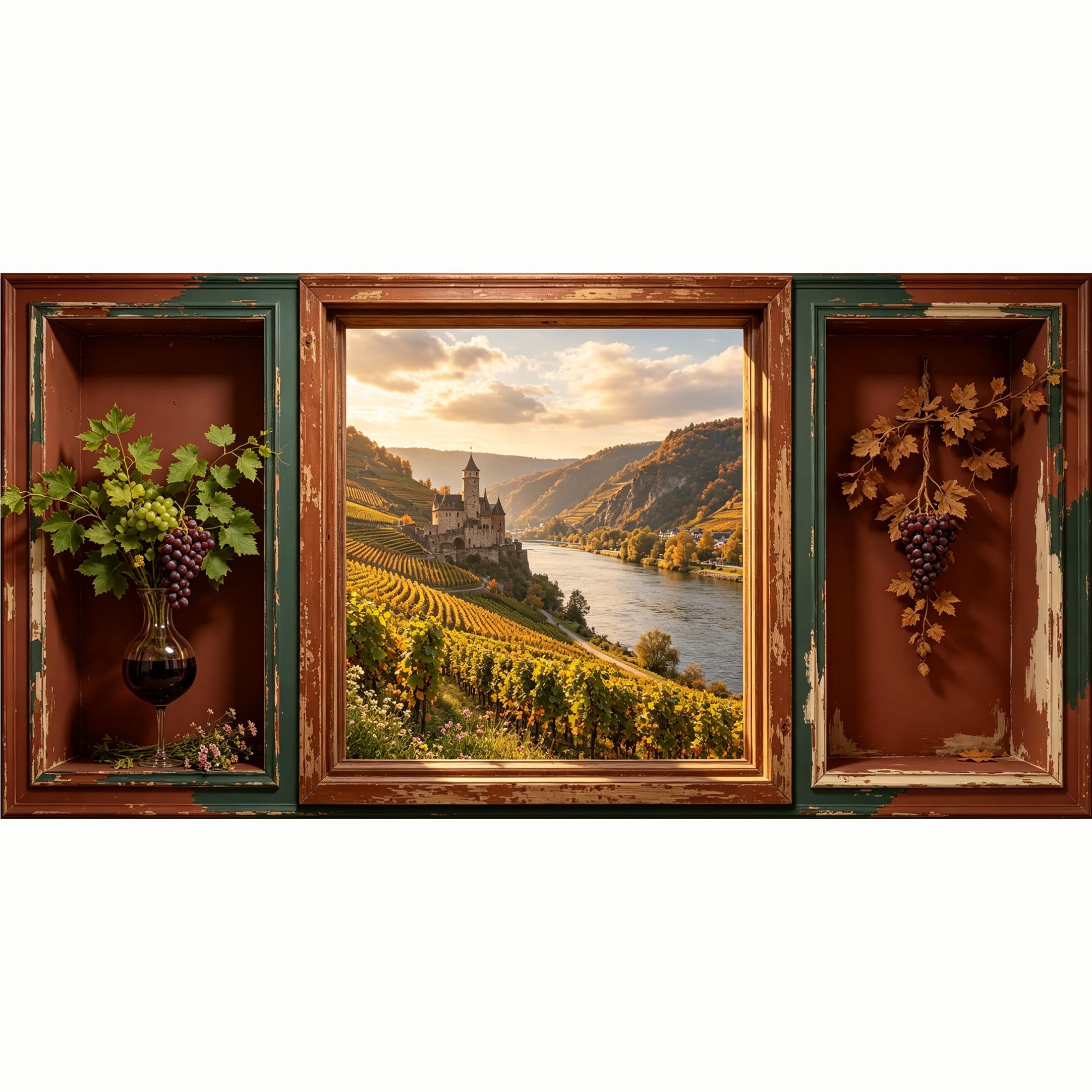 QZLITHOTIC 50x100cm 3D Framed Wall Art， Vineyard Castle Landscape Oil Painting SelfAdhesive Mural， Water‑Activated Peel & Stick Fabric Decor Wall Decal for Bedroom Living Room