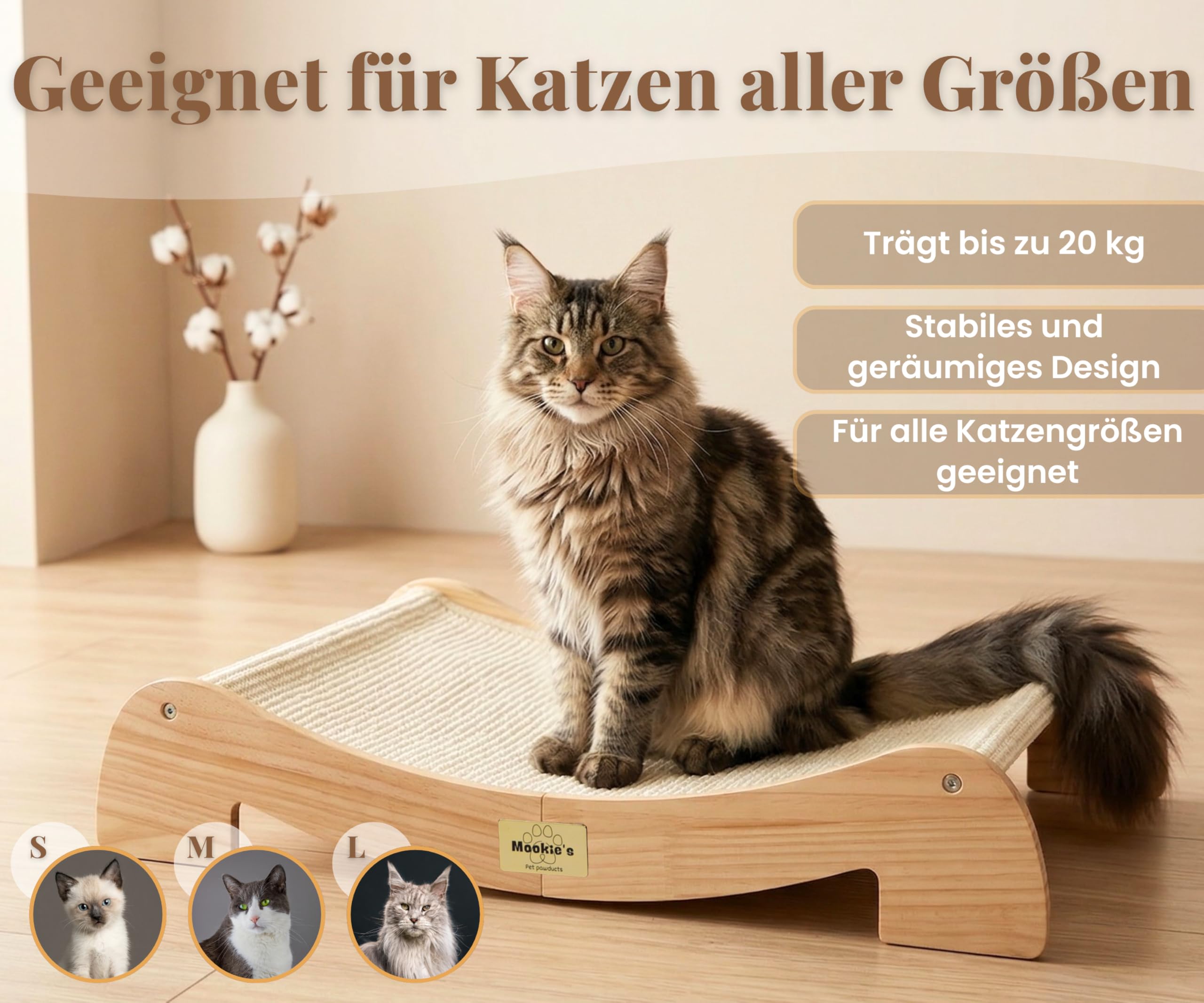 Mookie’s Kratzbrett für Katzen XL 67x42 cm – 2-in-1 Katzenliege & Kratzsofa aus Massivholz – Natursisal Kratzfläche – für Katzen jeder Größe