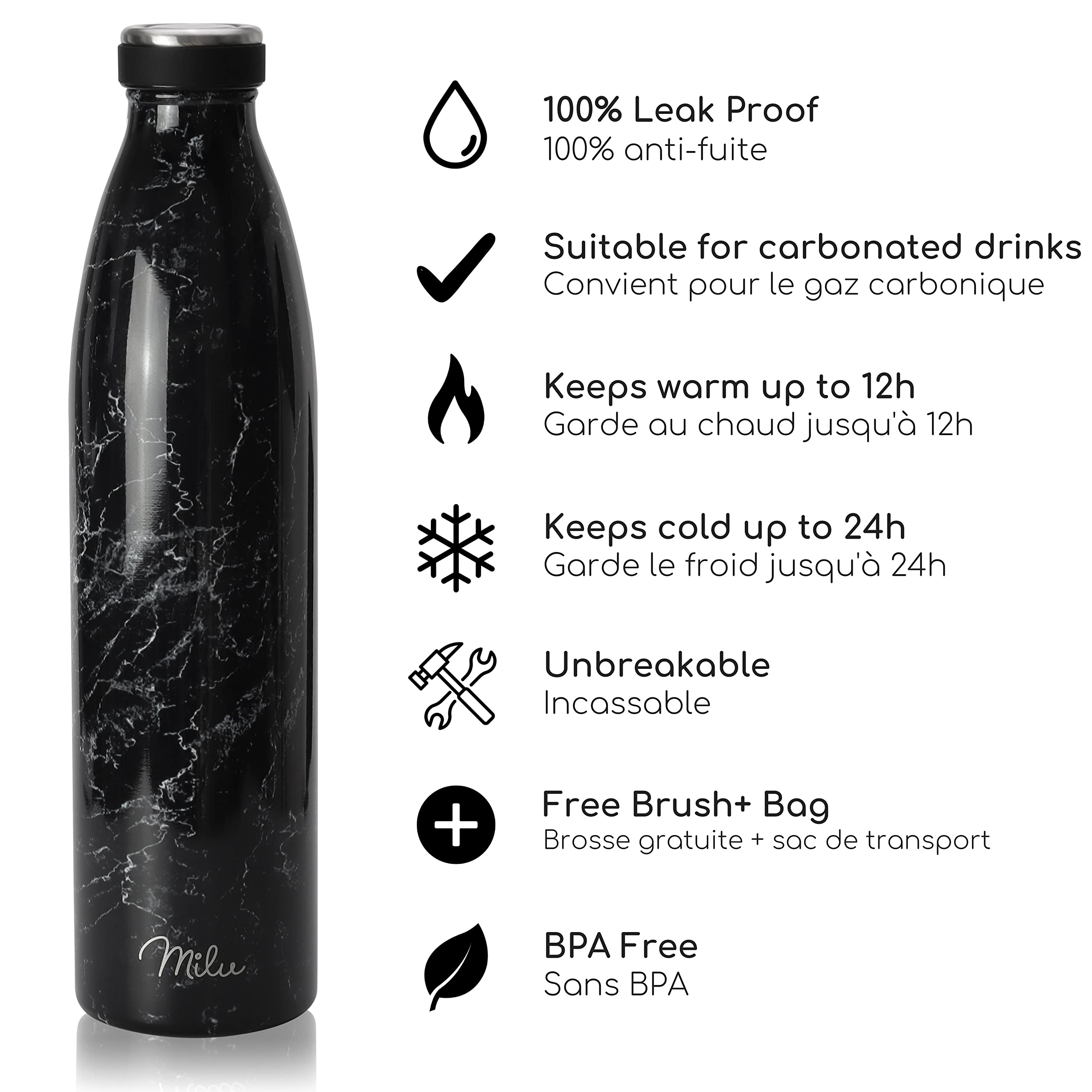 Milu Gourde en acier inoxydable 350 ml 500 ml, 750 ml, 1000 ml, 1,5 l – Bouteille isotherme, bouteille d'eau isolée, double paroi anti-fuite, convient aux acides carboniques (Granit, 1L)