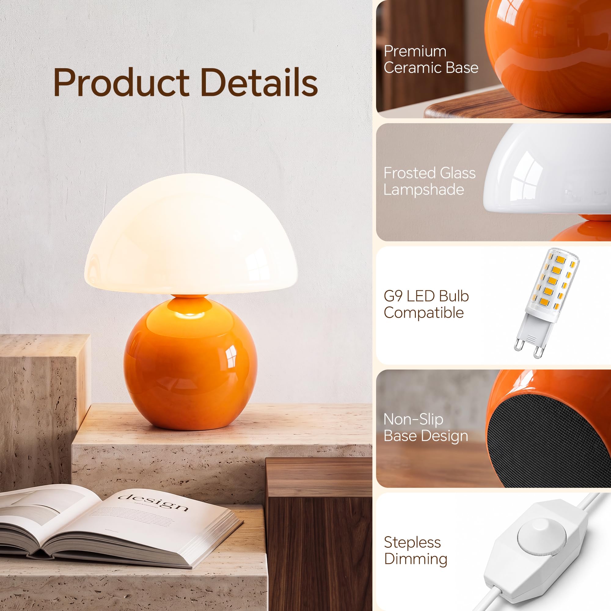 Dawnwake Lamparas de Mesita de Noche, Lámpara de mesa LED Regulable, Pantalla de Cristal Con Forma de Hongo y Base de Cerámica, Decoración del Hogar Para Dormitorio, Sala de Estar (Naranja)