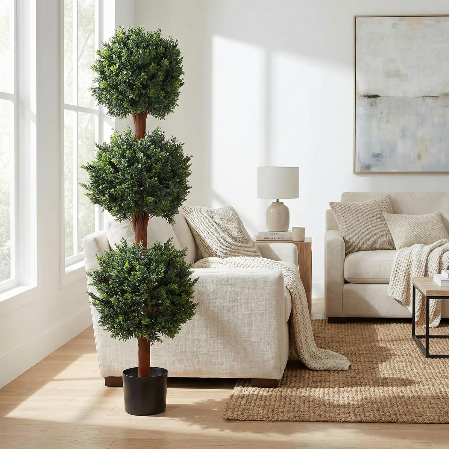 Pure Garden Set of 2 Artificial Trees - 5FT Hedyotis Topiary Fake Plants in Weighted Pots - Faux Plants for Indoor Display or Front Porch Decor