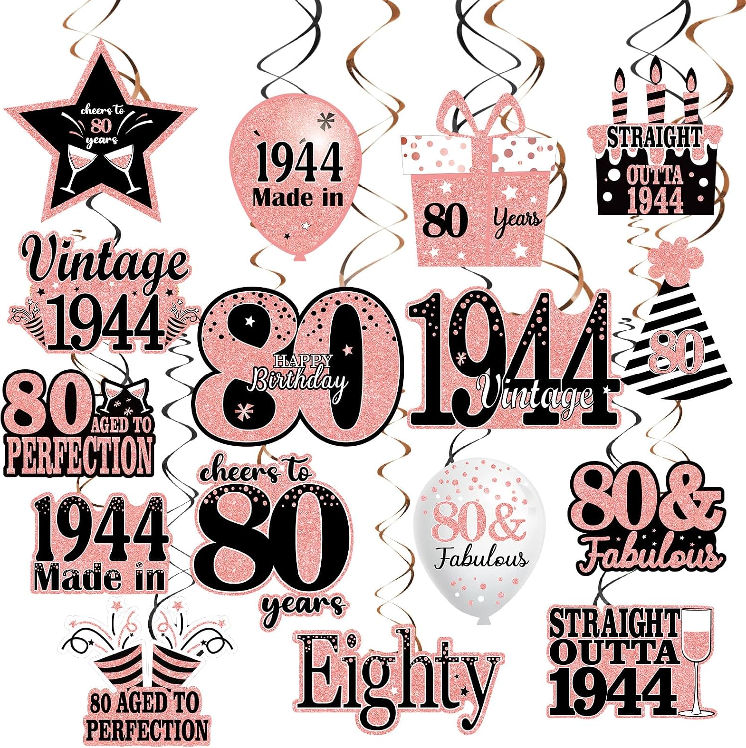 36PCS Rose Gold 80th Birthday for Women Party Decorations Vintage 1944 Hanging Swirls Eighty Years Old Party Supplies Ceiling Hanging Decor for Birthday Anniversary Vintage 1944 Party Favors