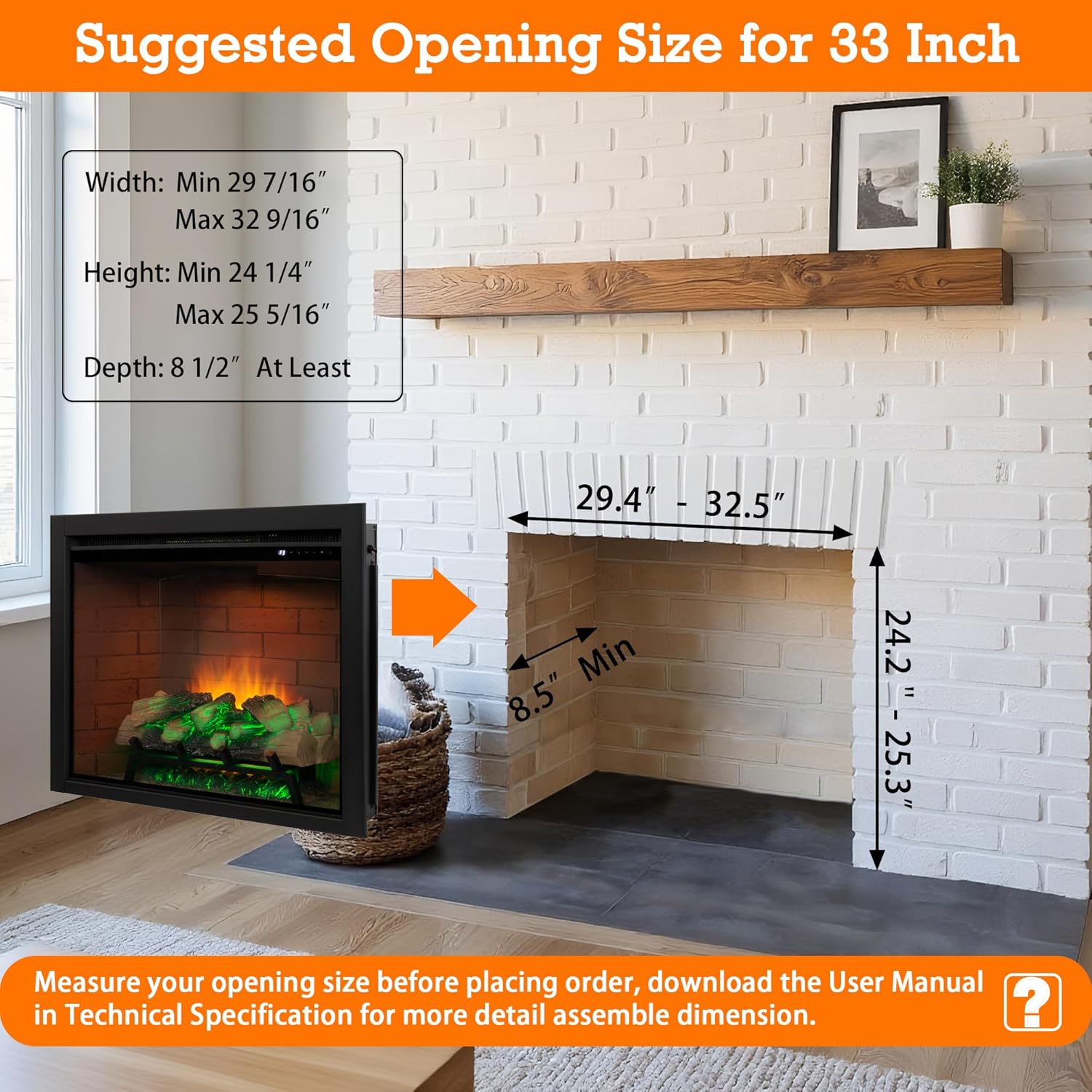 Electric Fireplace Insert w/Top Light, 12×12×12 Flame Color Option with Fire Crackling Sound, 33″W×25 1/2″H, 750W/1500W Eco Heater, Remote & Button Control, Black