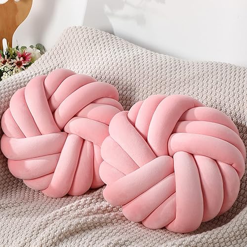 Fumete 2 Piezas Almohadas de Nudo Redondas de 14 Pulgadas, Almohada de Bola de Nudo de Felpa Suave Decorativa Hecha a Mano, Cojín Decorativo Moderno
