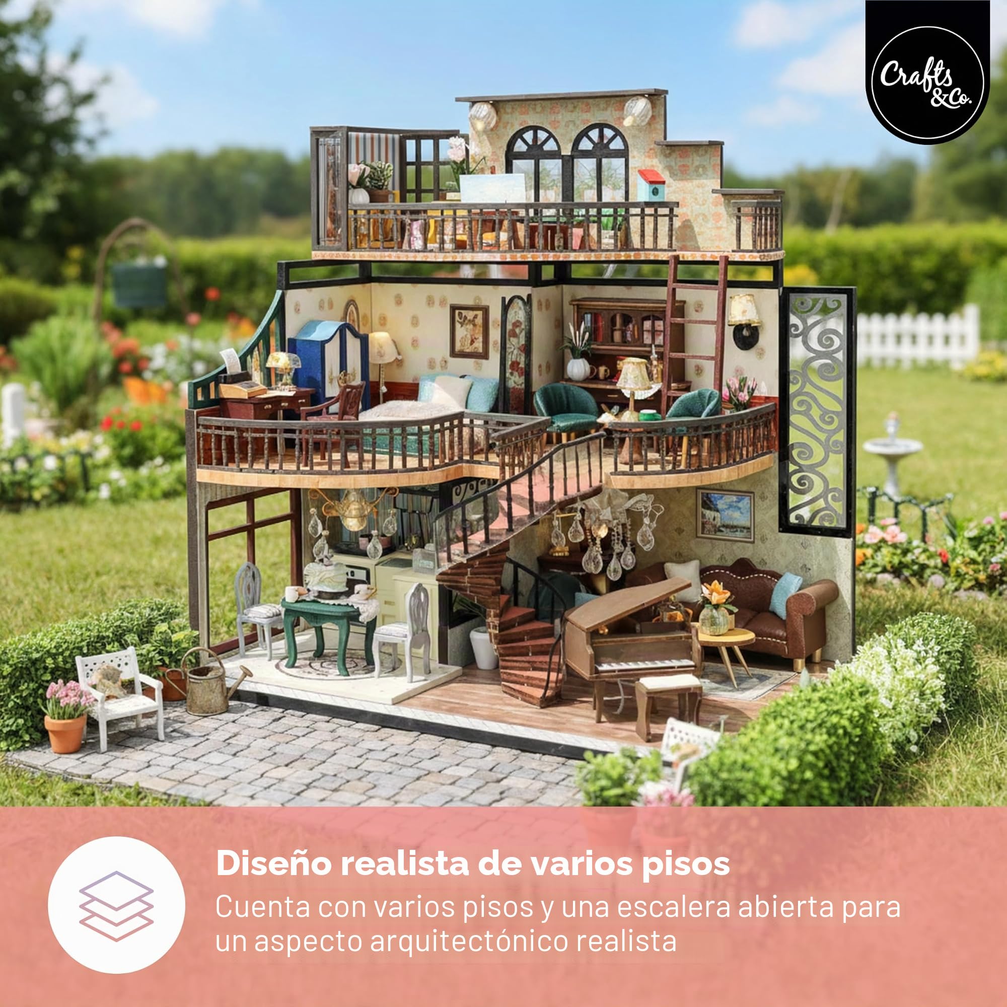 Crafts&Co® DIY Casa en Miniatura con Muebles | Adulto DIY Casa de Muñecas | Modelo de Casa de Madera con Luz | 1:18 | Villa de Ensueño