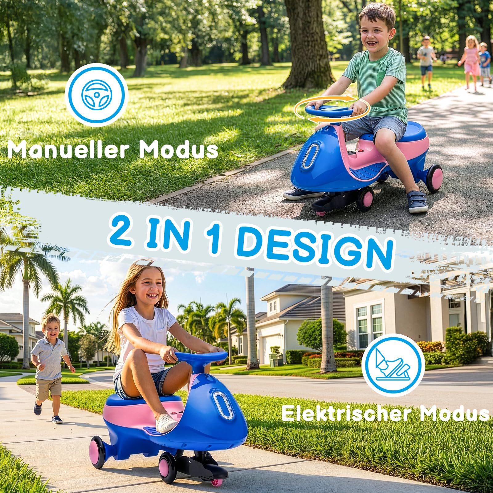 LALAHO Auto elettrica per bambini, 12 V, con pedale, auto elettrica a 2 velocità, protezione antiribaltamento, Bluetooth, per bambini dai 3 anni in su (blu e rosa)