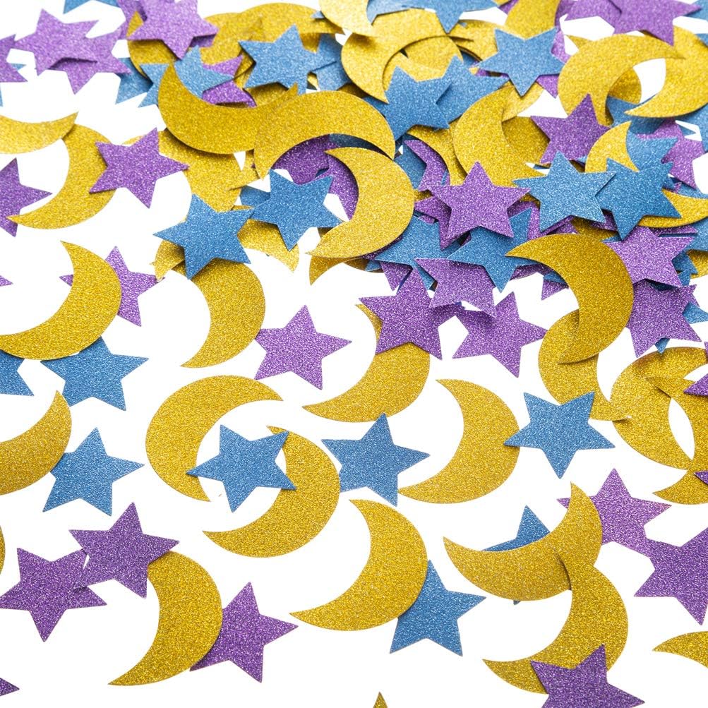 Glitter Paper Confetti Star and Moon for Table Wedding Birthday Eid Party Decoration, 1.2 inch in Diameter (Gold,Purple,Blue Glitter,200pc)
