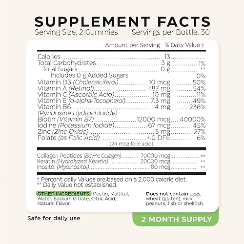 Miniatura 2 de Gomitas de biotina y péptido de colágeno para el crecimiento del cabello, la piel y las uñas, 120 unidades (paquete de 2)  82000 Mcg  Masticables de