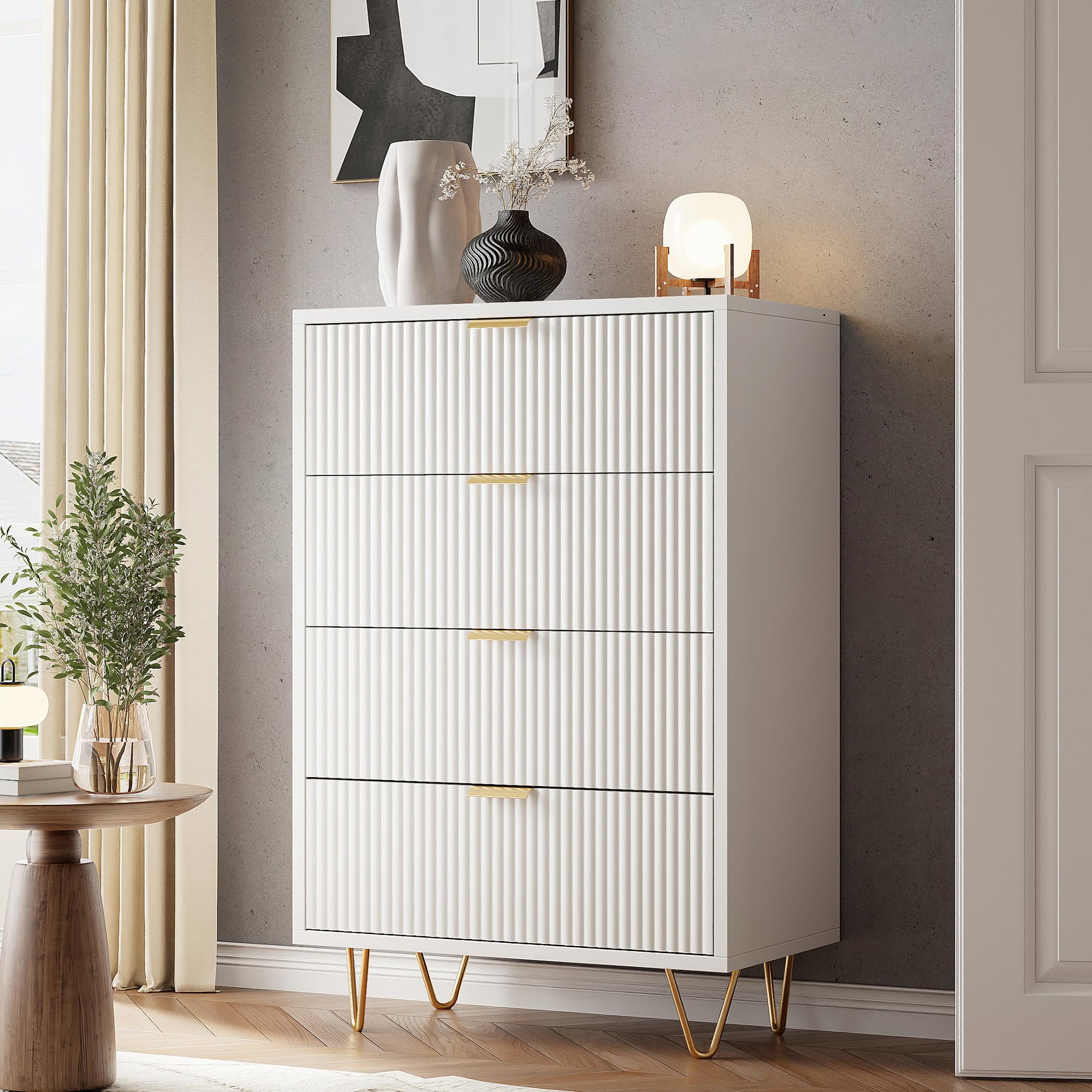Comò Bianca con 4 cassetti, Cassettiera Scandinavo Moderno con Gambe e Maniglie in Metallo Oro, per Camera da Letto, Soggiorno, 60x34x90cm