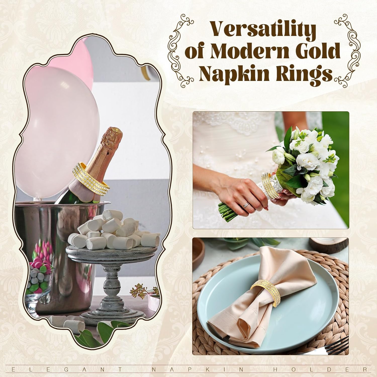 Tioncy 100 Pcs Stainless Steel Napkin Rings Gold Diamond Napkin Holders Rings Semicircle Modernist Metal Napkin Rings Bulk Serviette Buckles for Table Decorations Wedding Dinner Party