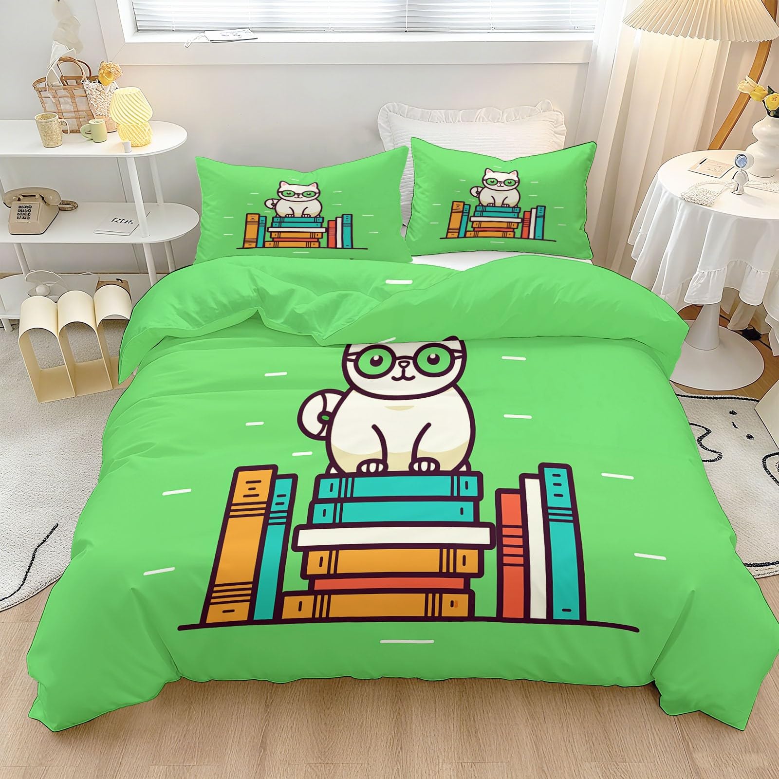 Ensemble de literie 200x200 imprimé chat et drap de lit vert et blanc cartoon