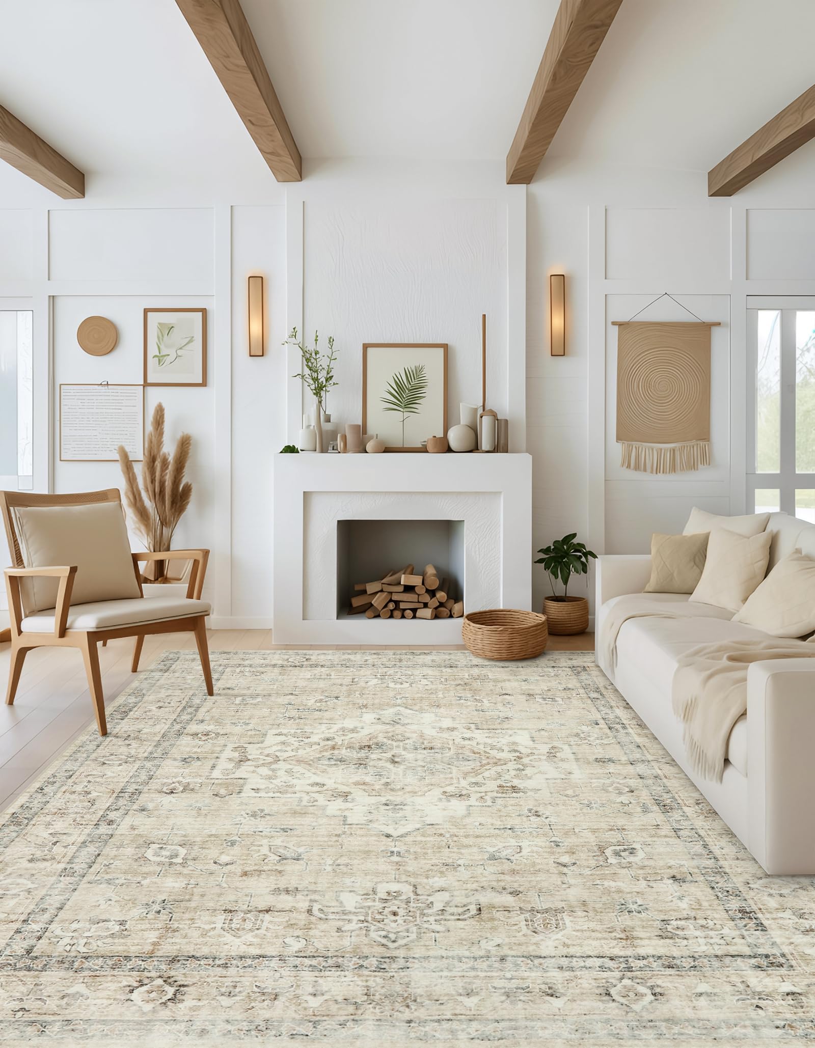 LIVEBOX Washable Beige Area Rugs for Bedroom 8x10, Non Slip Neutral Area Rugs for Living Room, Vintage Boho Floral Rug Print Distressed Farmhouse Rug for Dining Room Conference Room Office