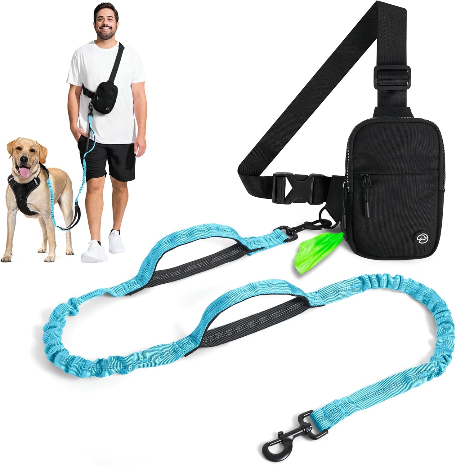 ハンズフリー 犬用リード プーピーバッグディスペンサーとデュアルバンジー付き クロスボディバッグ収納 - 中型および大型犬用(ブルー