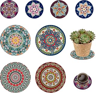 8 Pcs Mandala Plant Coasters 4.72" & 7.87" Rubber Absorbent Non Slip Pot Mats, Round Decorative Pads for Table Desk Floor, Flower Protector for Indoor Outdoor Patio Garden