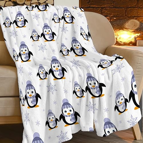 Manta de pingüinos, suave y acogedora manta de invierno con diseño de pingüinos de invierno, cálida, mullida, con copos de nieve, de franela, para