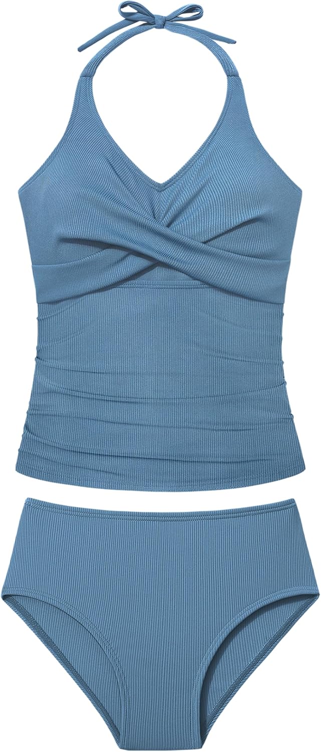 Girls Swimsuits 2 Piece Halterneck Bathing Suit Criss Cross Ruched Printed Tankini Swimwear Set for 9-16 Years