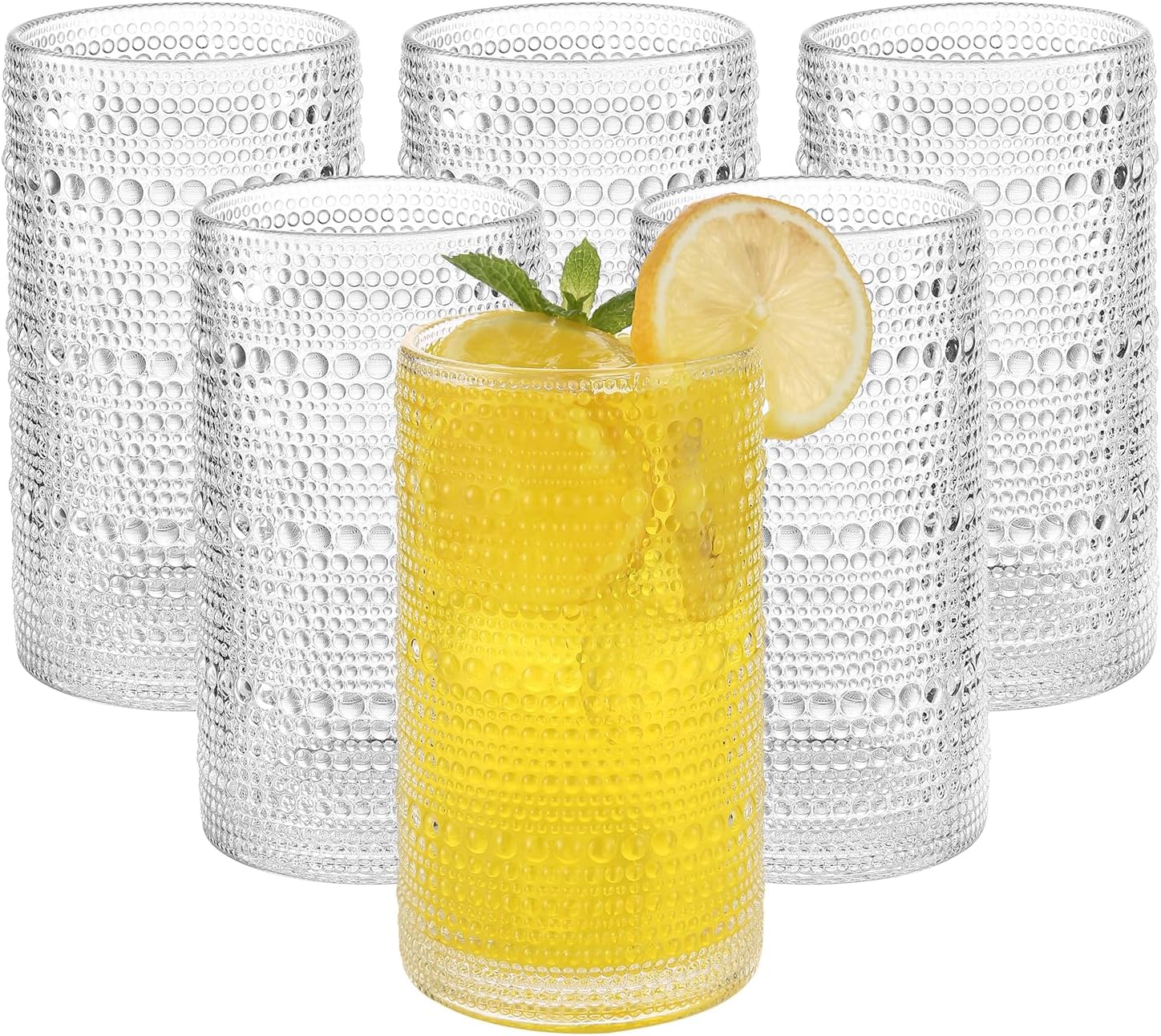 Vintage Hobnail Drinking Glasses Set of 6, 16 oz Large Capacity Embossed Clear Tumblers, Highball Glasses for Water, Cocktail, Beer, Whiskey, Kitchen & Bar Use