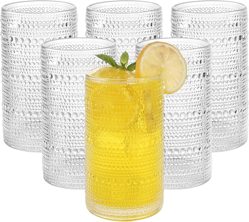 Vintage Hobnail Drinking Glasses Set of 6, 16 oz Large Capacity Embossed Clear Tumblers, Highball Glasses for Water, Cocktail, Beer, Whiskey, Kitchen & Bar Use
