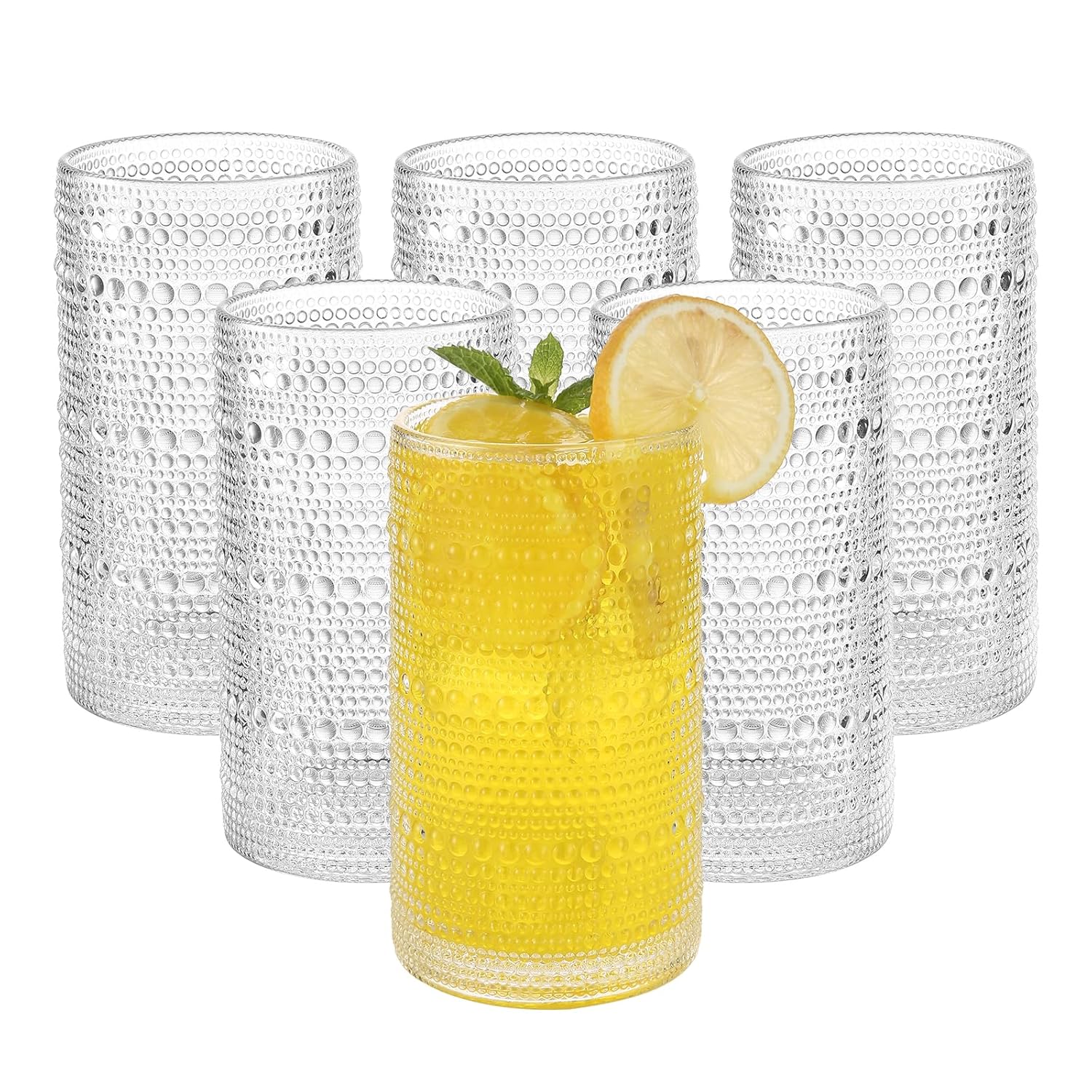 Akutaa Vintage Hobnail Drinking Glasses Set of 6 16 oz Large Capacity Embossed Clear Tumblers Highball Glasses for