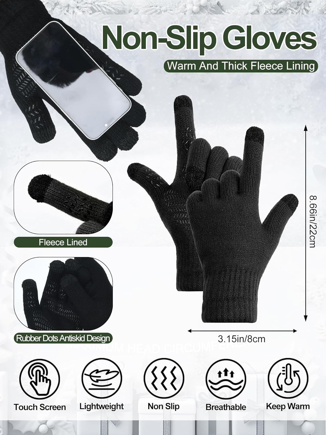 6 Pcs Men Winter Beanie Hat Touchscreen Glove Set Knit Hats Skull Caps Warm Fleece Lined Gloves Gifts