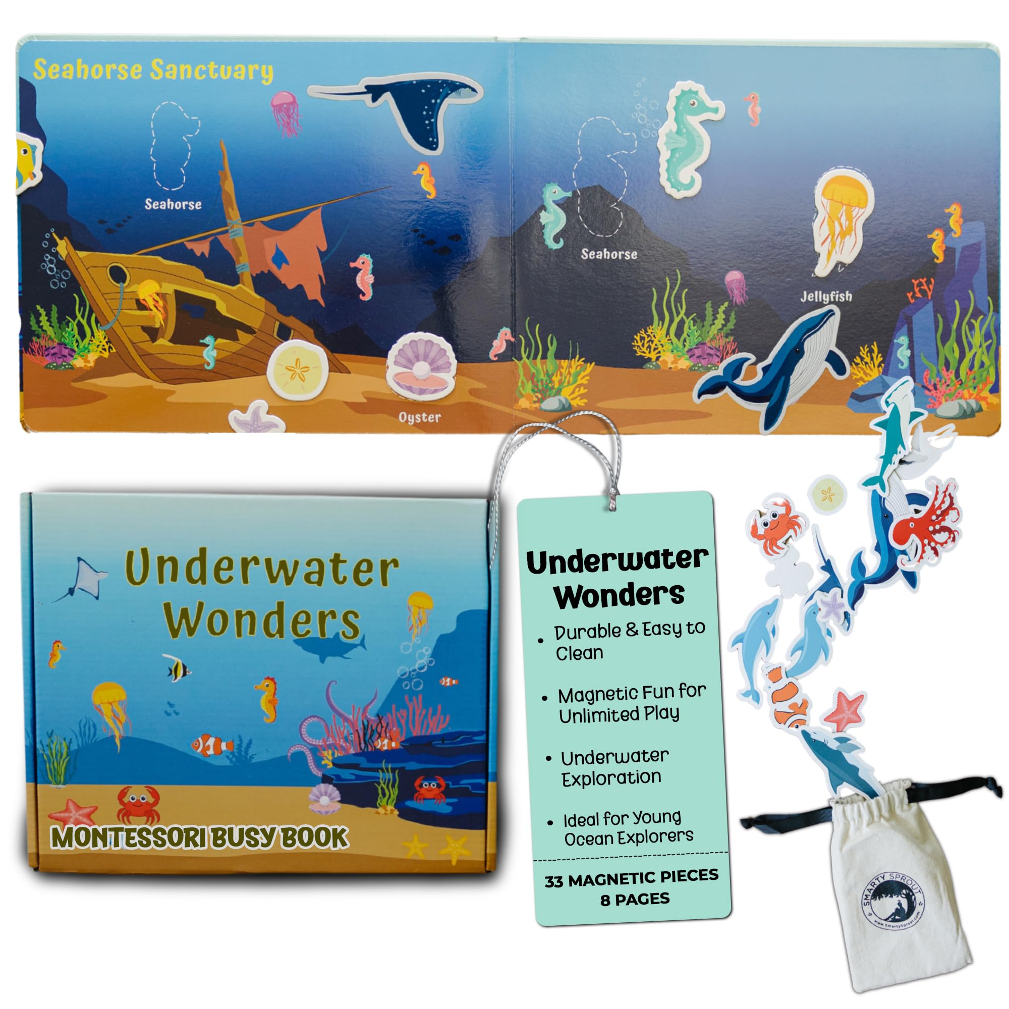 Motessory Preschool Busy Book – Ocean Adventures Busy Book for Toddlers 3-5 Years Old with 8 Magnetic Pages and Figurines – Educational Toddler Montessori Toys for Home, Kindergarten, Travel