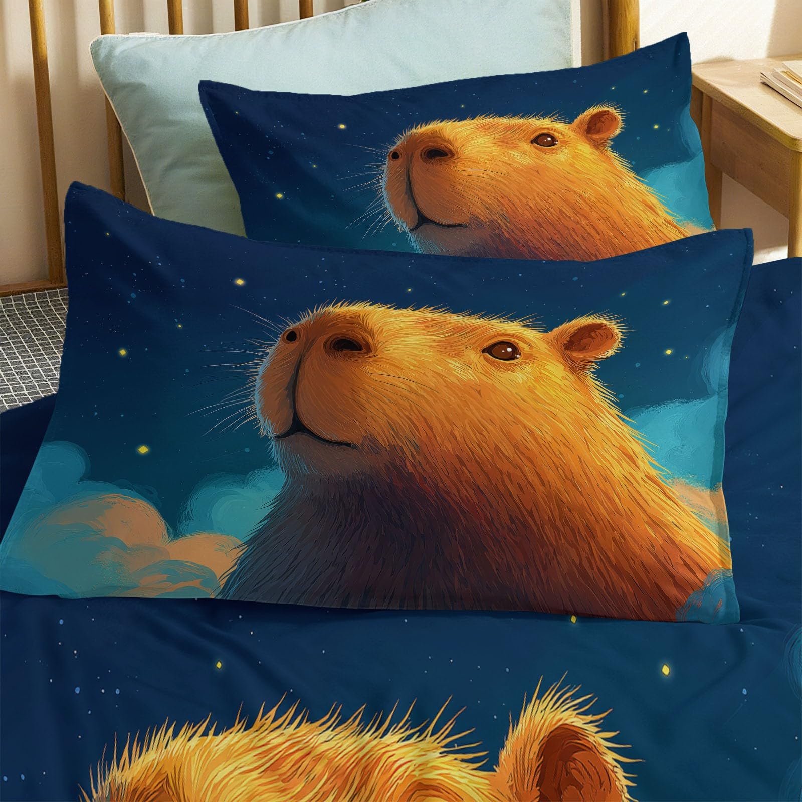 Generisch Capybara Pościel 200 x 200 cm, 3-częściowa, słodkie kreskówki zwierzęta, poszewka na kołdrę i 2 poszewki na poduszkę 80 x 80 cm, przytulna, niebieska, pościel z zamkiem błyskawicznym