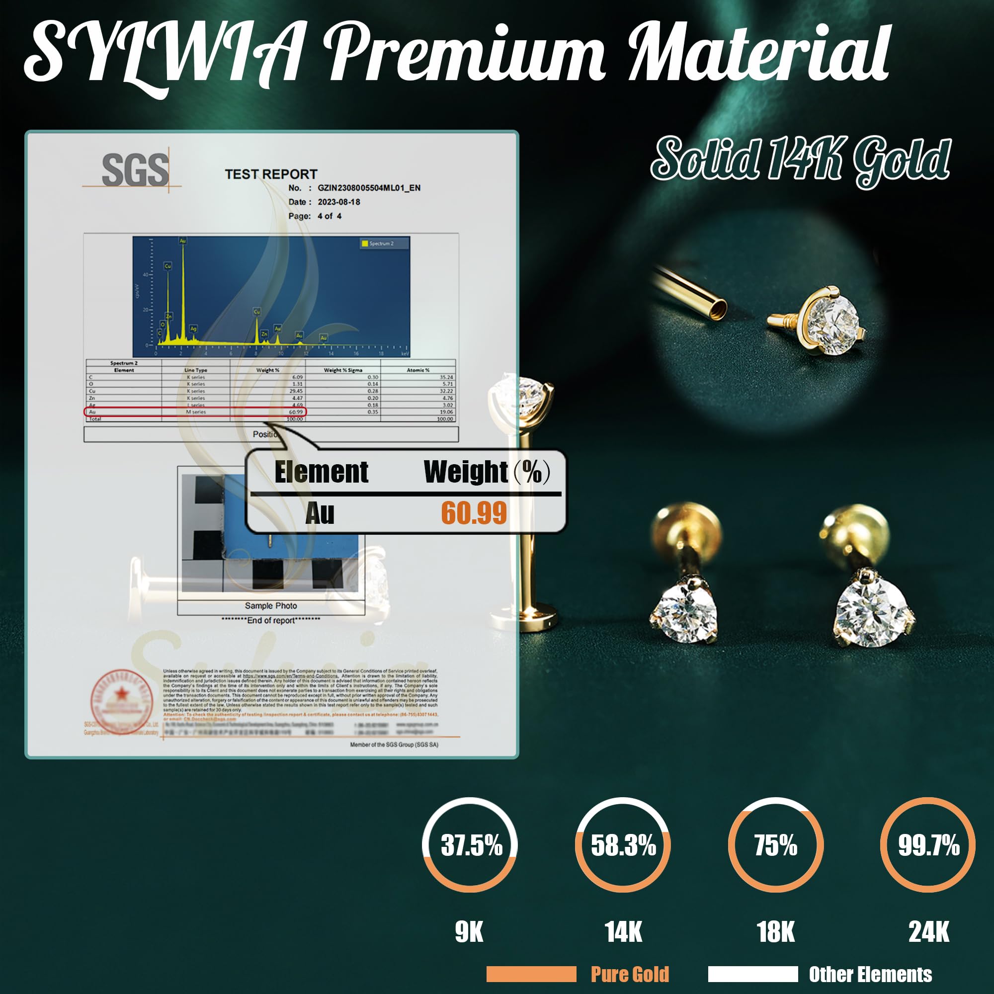 SYLWIA Piercing para labios de oro real de 14 quilates, 16 g de hilo interno, joyería Ashley para labios, diamante de imitación CZ – 2,5 mm 3 mm, 18 g, nariz, caracola, hélice, tragus, labret para