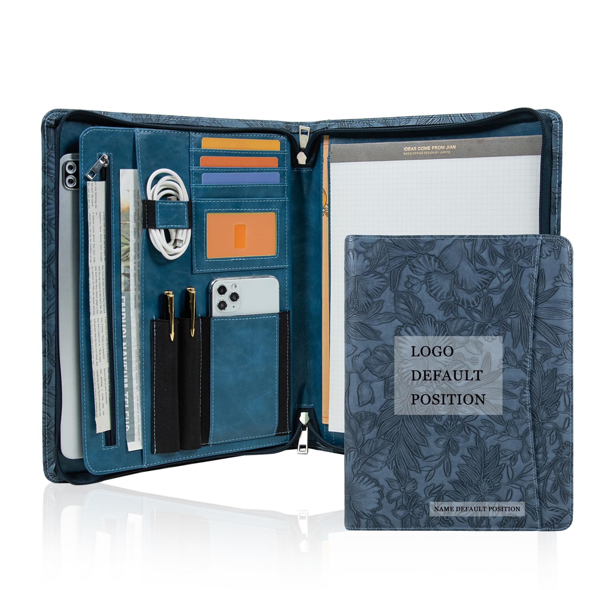 Free Engraved Name, Personalized Portfolio, PU Leather Resume Zippered Padfolio, Business Document Organizer Folder with A4 Notepad Holder, Custom