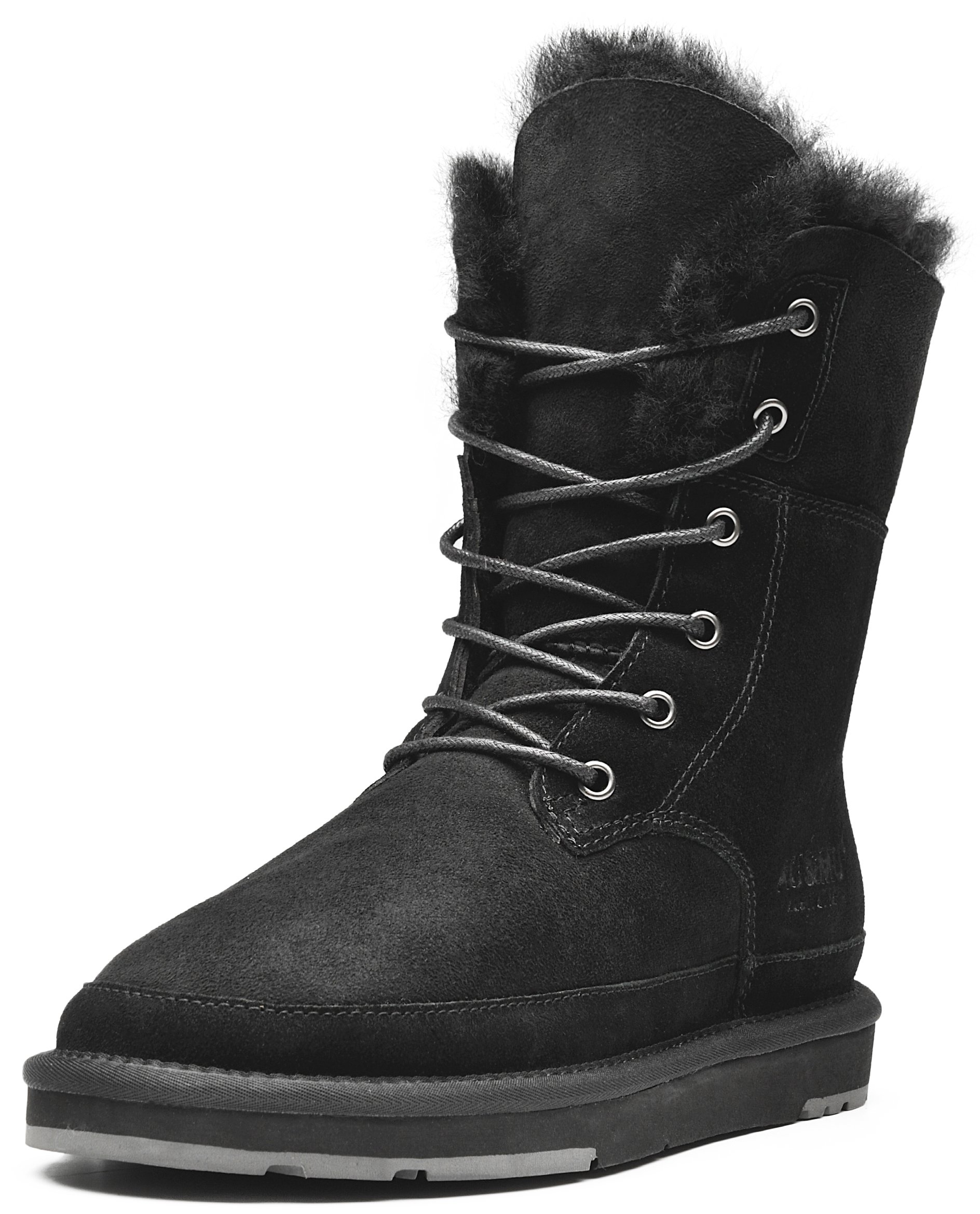 AU MU Aumu Womens Shearling Leather Sheepskin Classic Lace up Mid Calf Flat Fur Winter Snow Boots