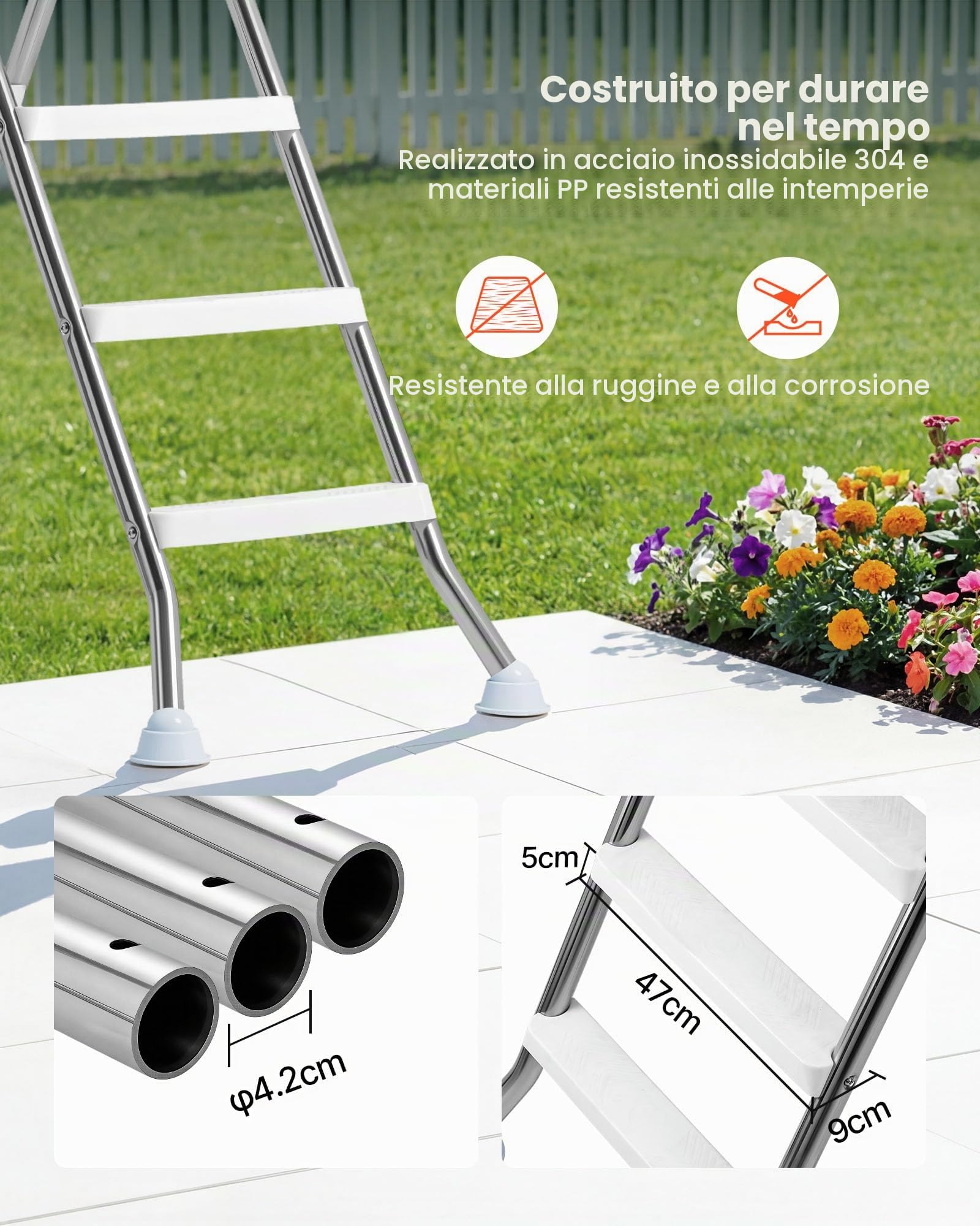 VEVOR Scaletta per Piscine Fuori Terra con Piattaforma, Scala di Sicurezza a 4 Gradini con Struttura ad A Stabile, Altezza 125 cm, Telaio in Acciaio Durevole, Gradini Larghi Antiscivolo, Portata 150kg
