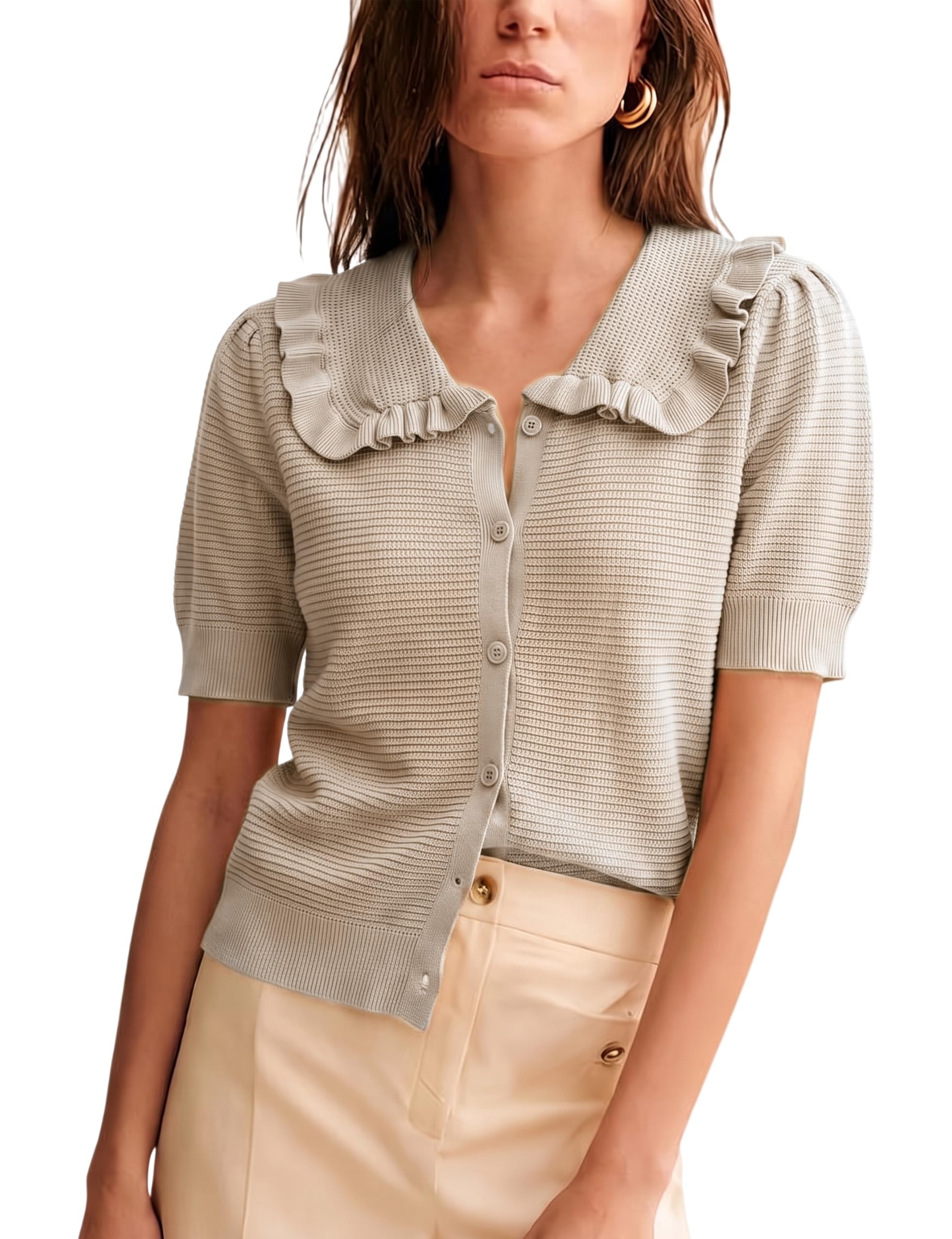 Watashi Womens Ruffle Collar Puff Short Sleeve Knit Sweater