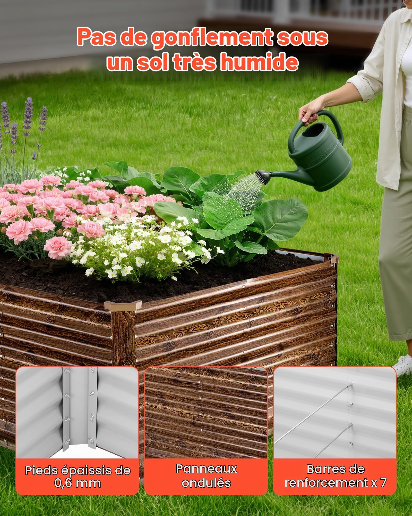 VEVOR Potager Surélevé Métal 240x120x62 cm Carré Potager Surélevé Rectangulaire Lit de Jardin pour Culture Légumes Fleurs, Fond Ouvert, Galvanisé Aluminium-Zinc, avec Gants, Aspect Grain Bois Foncé