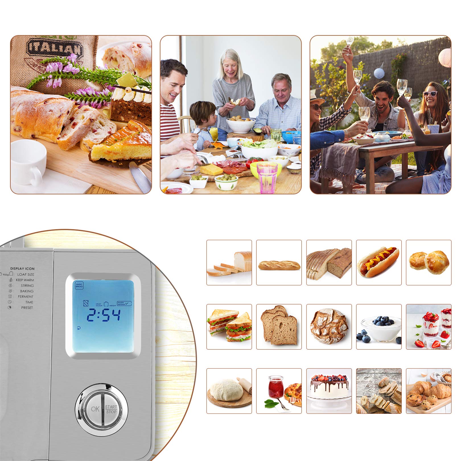 COOCHEER Macchina per il pane da 550 W con 25 programmi di cottura, contenitore per ingredienti automatico, 3 misure di pane e 3 colori di cottura