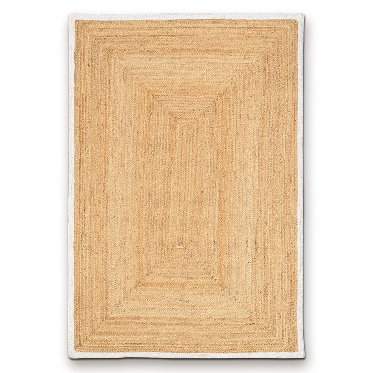 HANIESTA Bold Frame White Jute Rug, Handmade 100% Natural Jute Rectangle Rug with White Border, Woven Area Rug for Living Room, Bedroom & Hallway 70x200 cm