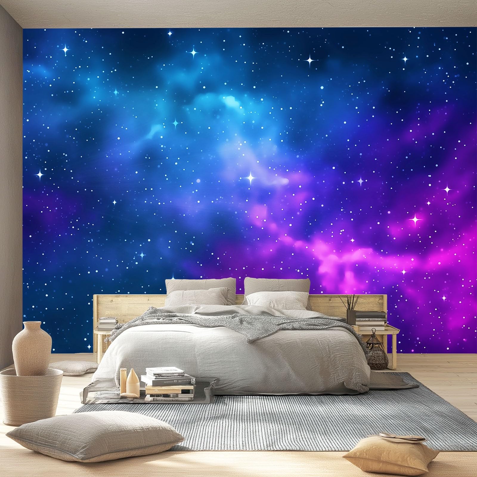 Bardzo duża fototapeta 400 x 280 cm (szer. x wys.), wzór kosmicznej galaktyki, usuwalna fototapeta do przestronnego salonu, niebiesko-fioletowa