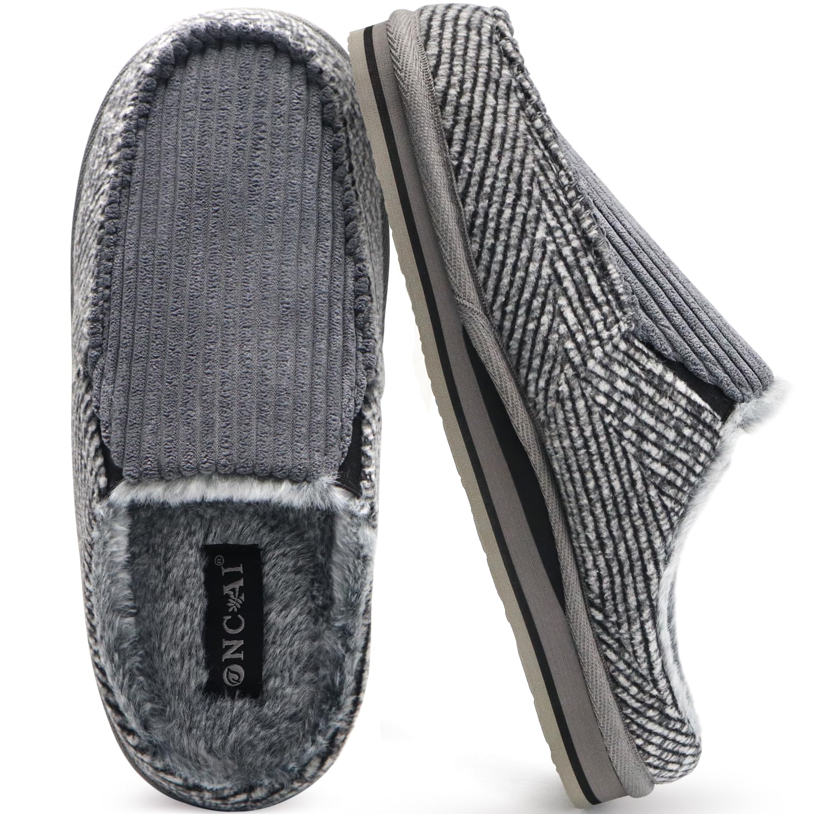 ONCAI Pantofole da Uomo in Comfort Pelo Cotone Strisce Ciabatte da Casa in Lana con Memory Foam Supporto Arco Suola in Gomma Taglia 40-50