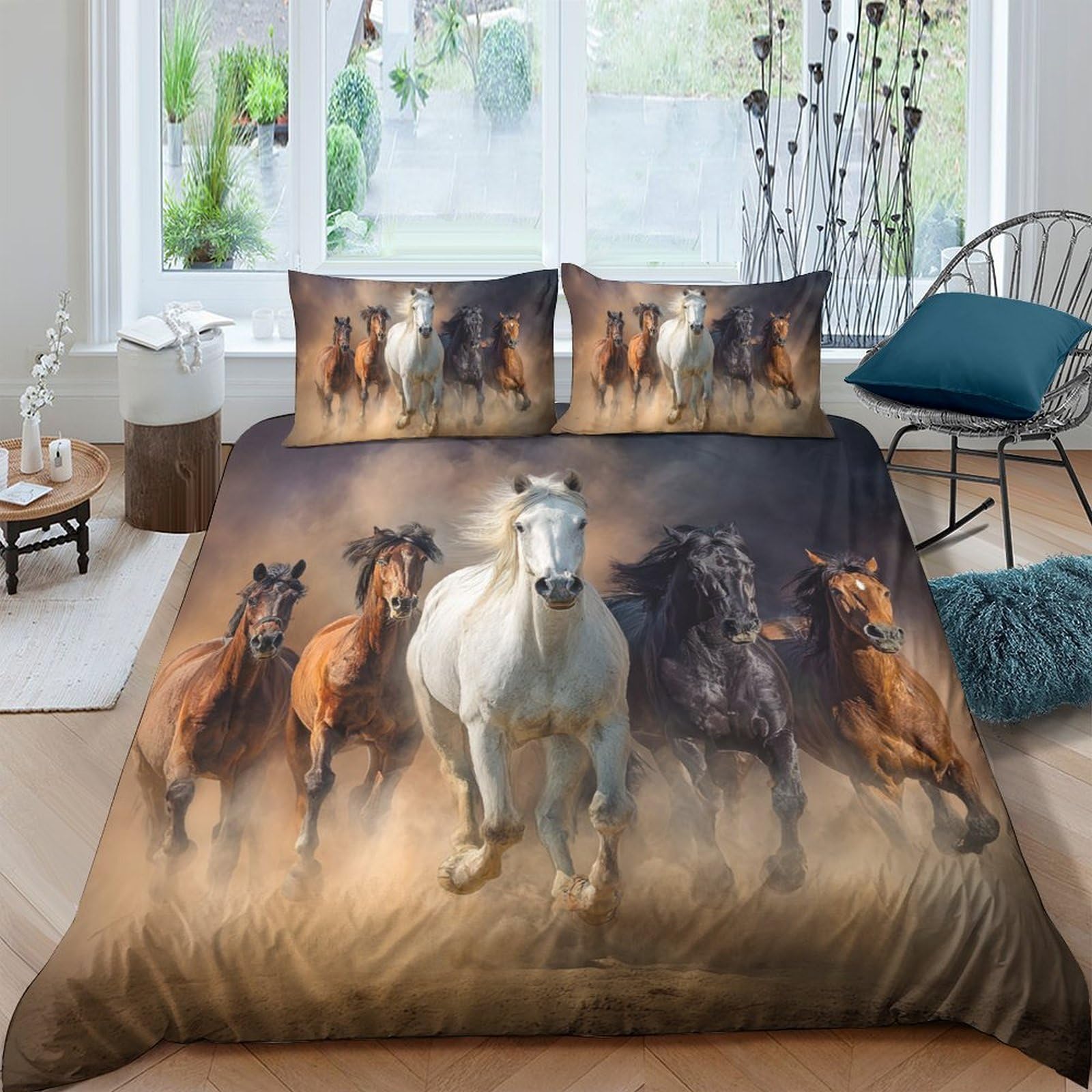 Ctjqhvkz Style-1 3D Printed Wild Horse Fitted Sheet Microfiber Soft Breathable Galloping Herd Mattress Cover For Bedroom Guest Room Single（135X200cm）