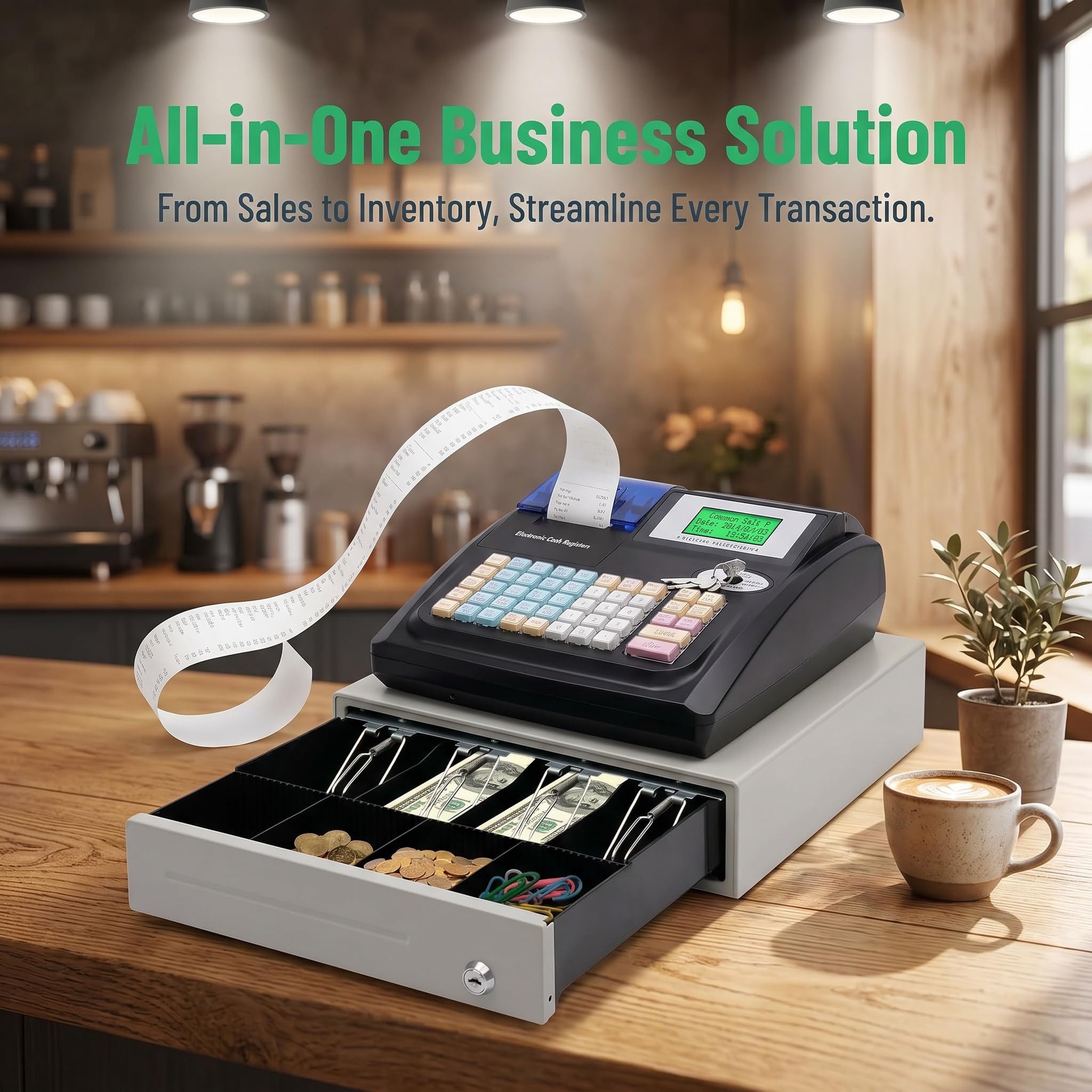 Caja Registradora Electrónica De 48 Teclas con Impresora Térmica, Pantalla Led para El Cliente, Sistema Tpv para Pequeñas Empresas, Solución Completa para El Manejo De Efectivo.