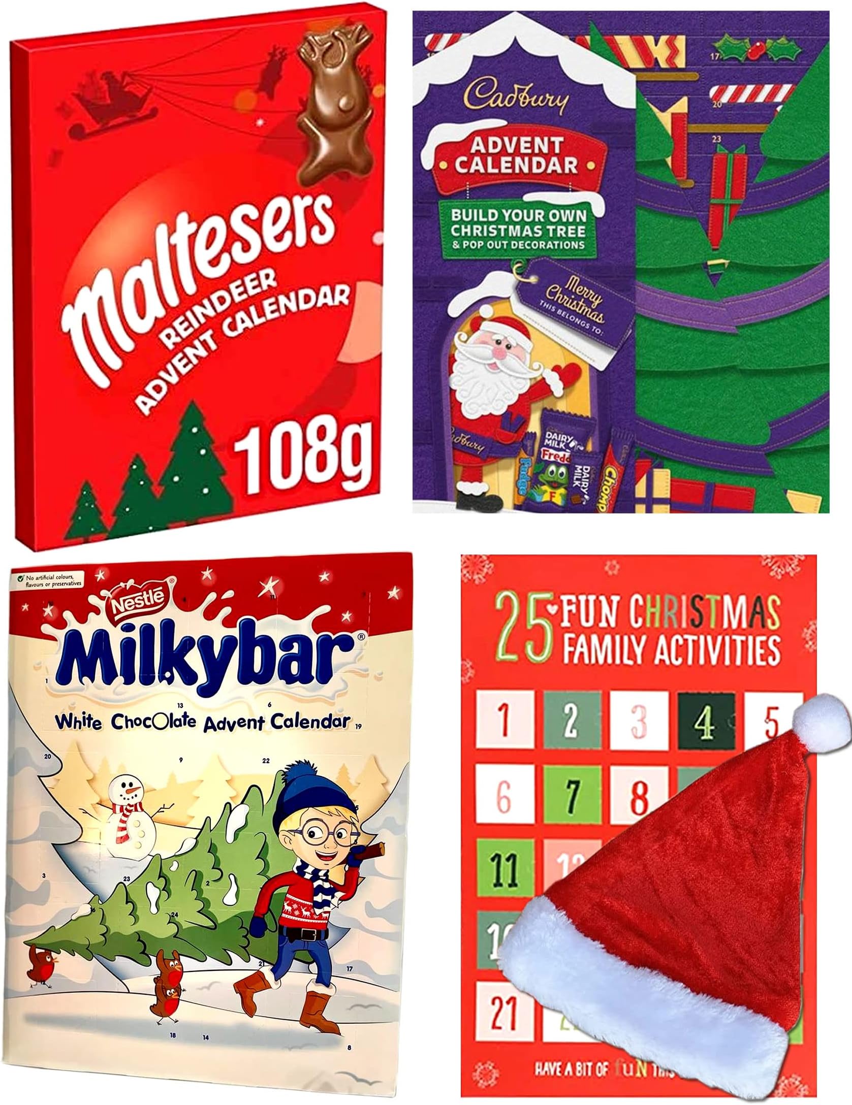 Kids Advent Calendar 2021- Family Advent Calendar 2021 Kids and Adults - Maltesers Advent Calendar 2021 | Cadbury Advent Calendar 2021 | Milkybar Advent Calendar 2021 | Santa Christmas Hat