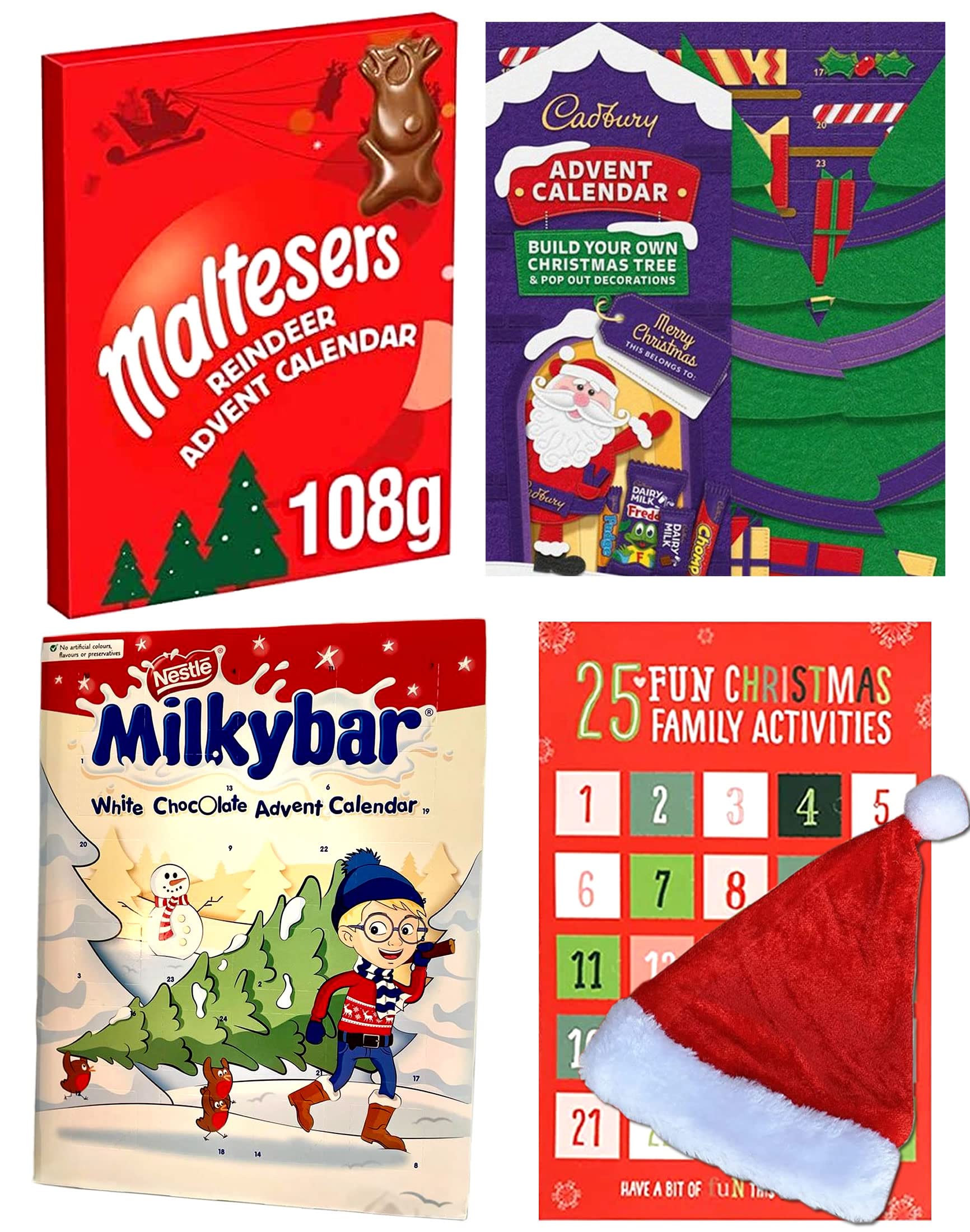 Kids Advent Calendar 2021- Family Advent Calendar 2021 Kids and Adults - Maltesers Advent Calendar 2021 | Cadbury Advent Calendar 2021 | Milkybar Advent Calendar 2021 | Santa Christmas Hat