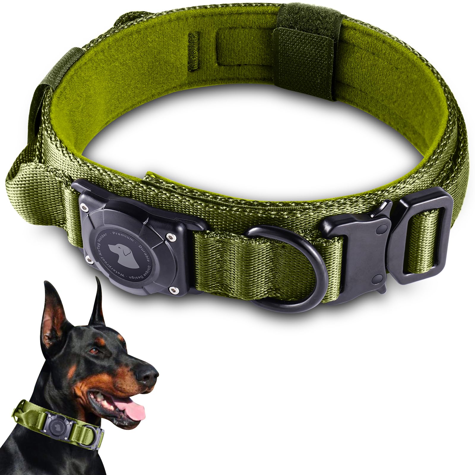 2025 Upgrade Waterproof AirTag Dog Collar, Military Tactical Dog Collar with AirTag Holder, Comfortable Control Handle and Metal Buckle, GPS Dog
