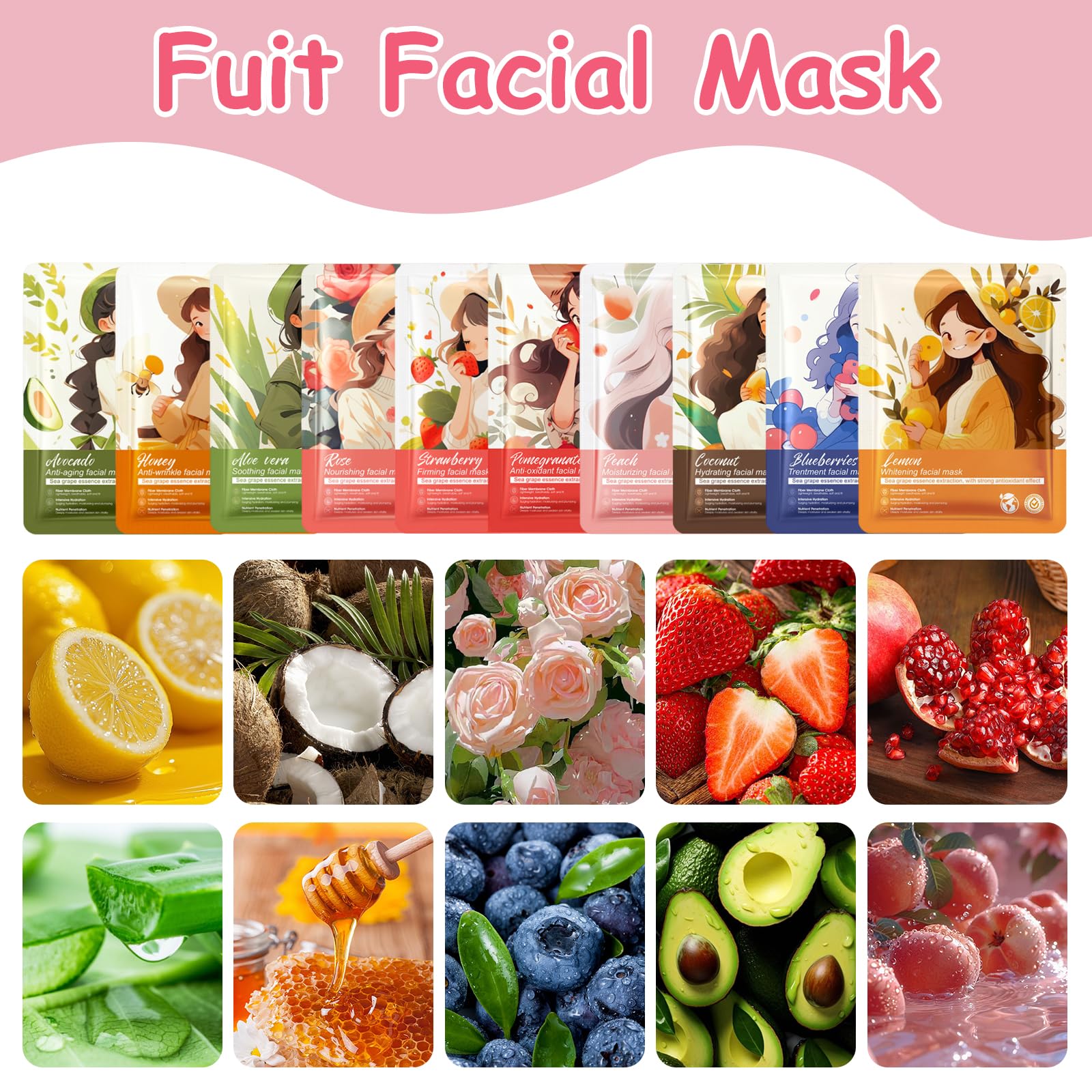 10 PCS Kids Face Masks for Girls Face Masks for Kids Fruit Face Masks Kids, Soothing Girls Face Masks, Hydrating Sheet - Image 2