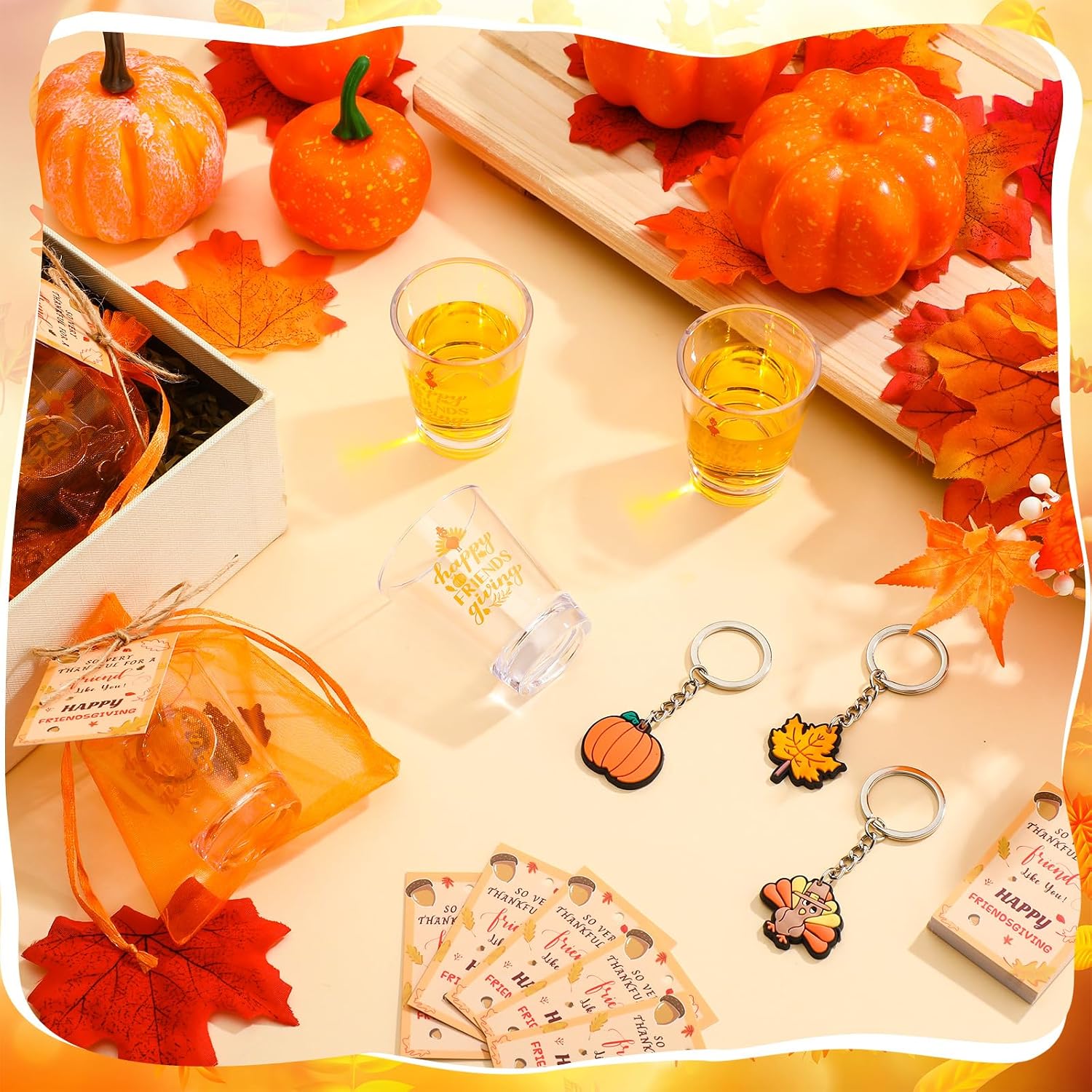 Remerry 36 Set Happy Friendsgiving Party Favors Friendsgiving Gifts Bulk for Guests 2 oz Acrylic Shot Glasses Thank You Tags Keychains Organza Bags Thanksgiving Gift Fall Autumn Party Supplies