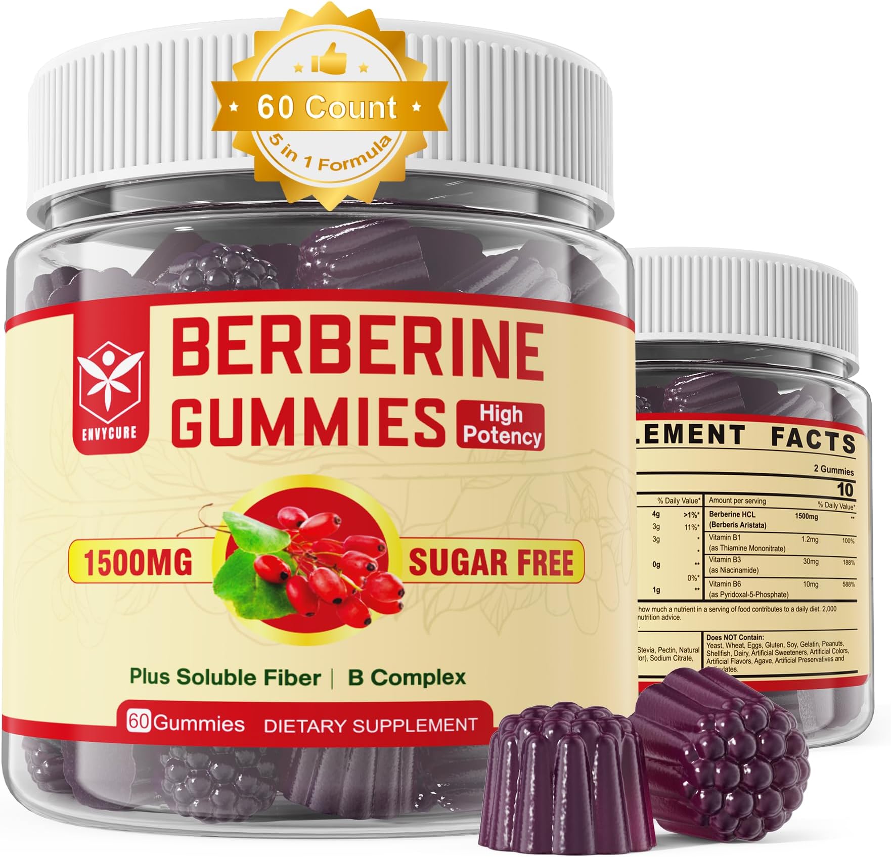 Sugar Free Berberine Gummies, Digestive Balance with 3G Fiber, Vegan, 60cts | 1500mg Berberine HCL Supplement(AMPK Activator) with Vitamin B1 B3 B6 for Women and Men Daily Balance, Vegan, Gluten-Free