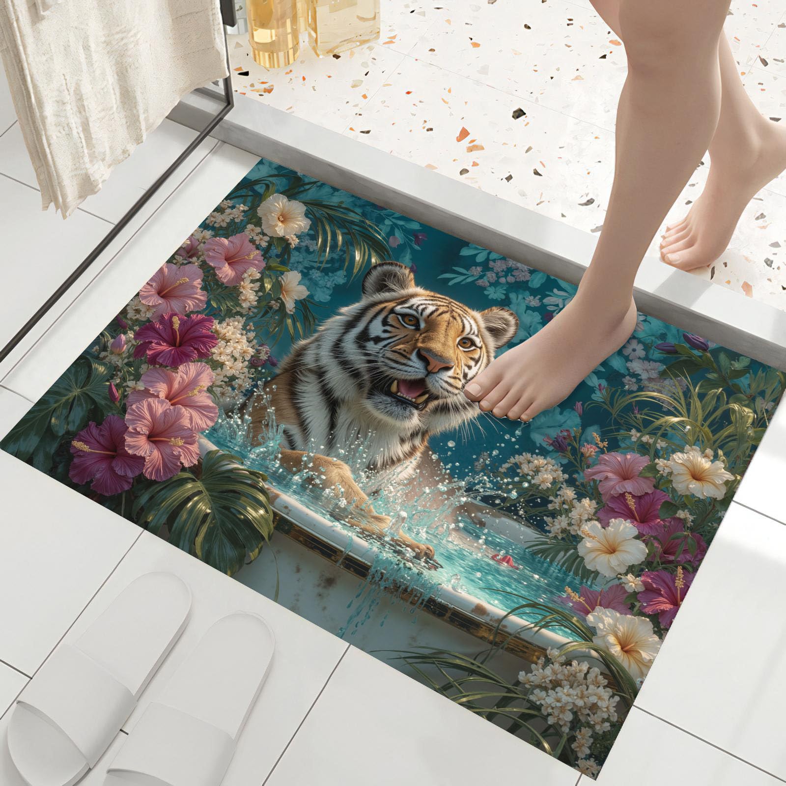 Tapis de sol antidérapant et lavable paillasson tigre turquoise 80x120