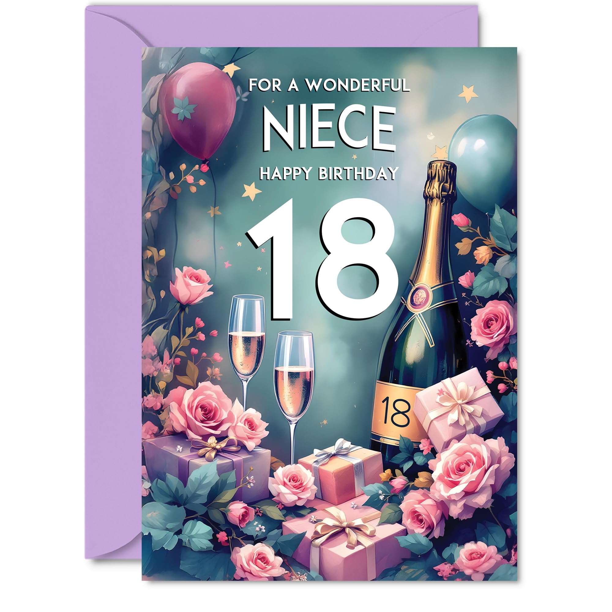 18th Birthday Card Niece, Pink Presents Champagne Bottle