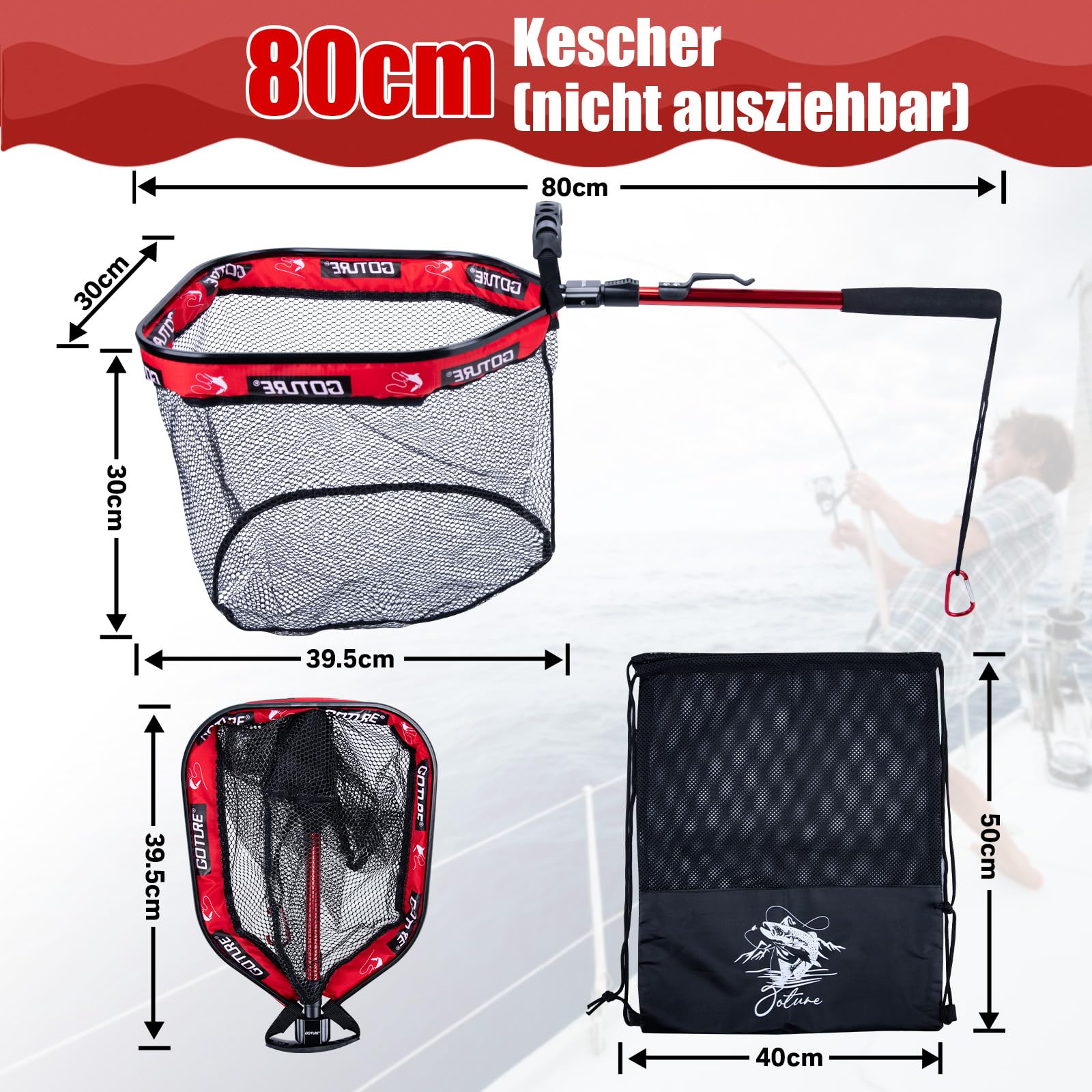 Goture Retino da pesca telescopico con design galleggiante NBR, retino pieghevole con rete in PVC rivestita in gomma, asta estensibile da 80 cm, per trota, pesce persico, luccio